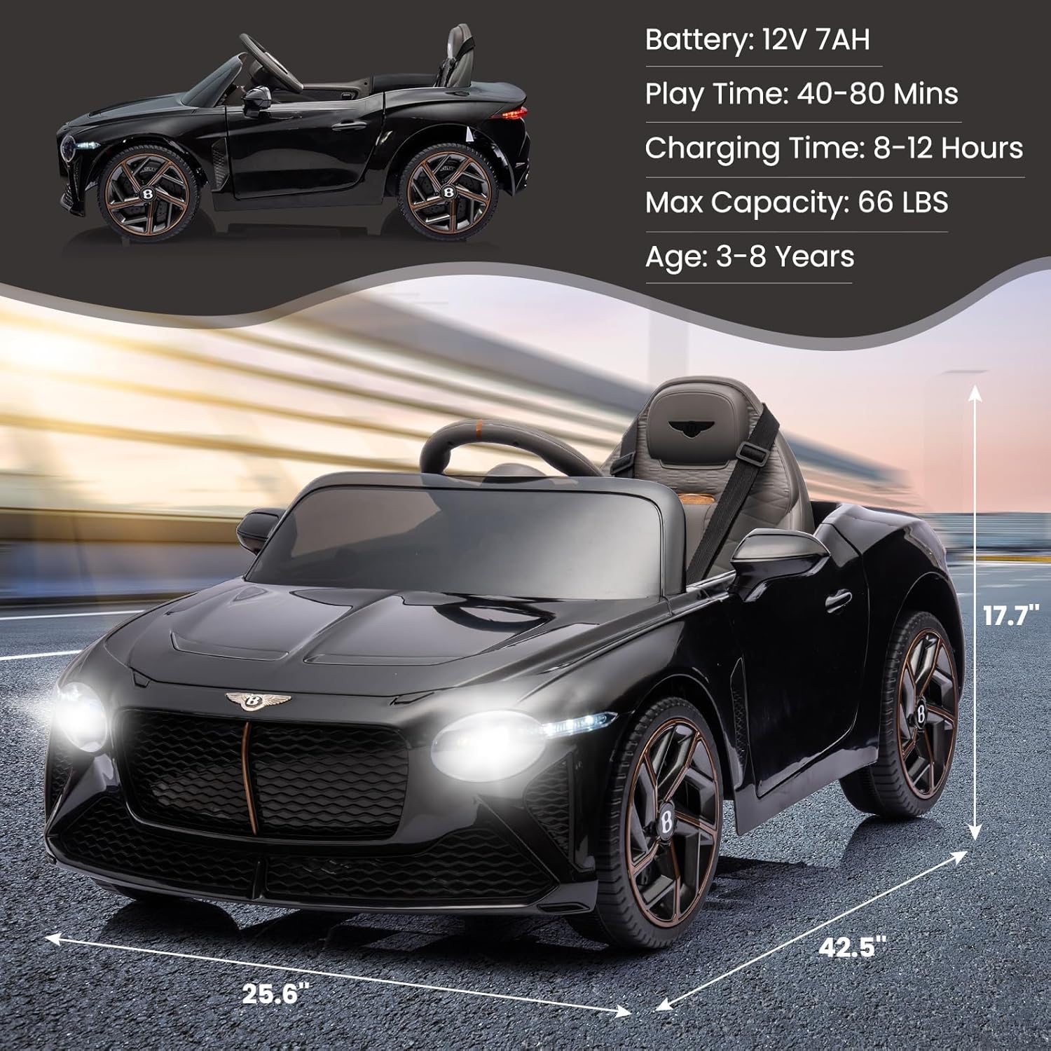 GAOMON Auto eléctrico Bentley Bacalar de 12 V, con licencia y control remoto para padres, 3 velocidades, puertas de tijera, música, LED, autos para