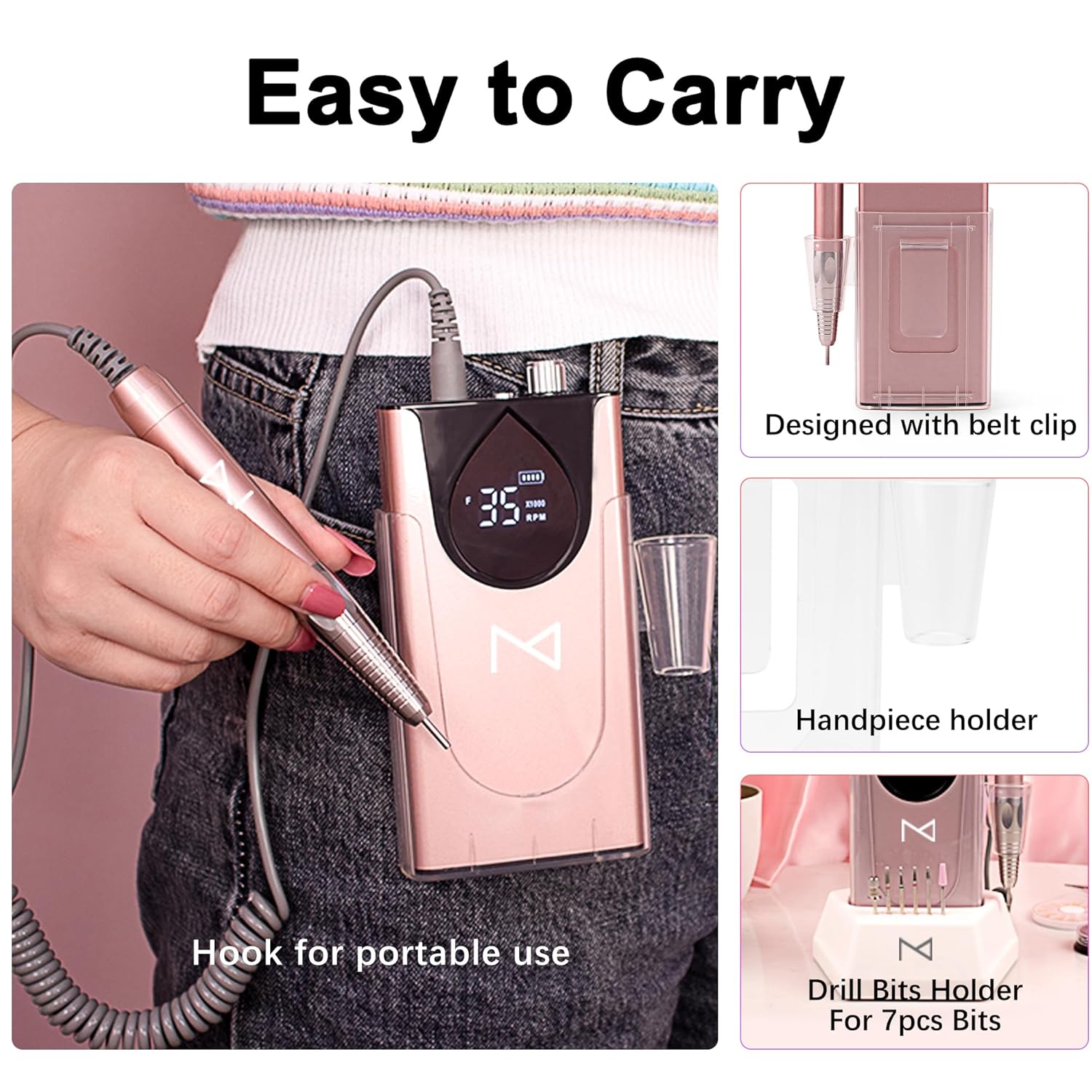 M Max – Taladro de uñas profesional – Lima de uñas con motor sin escobillas 2 en 1 – Carcasa eléctrica, inalámbrica, de aleación de aluminio, 35000