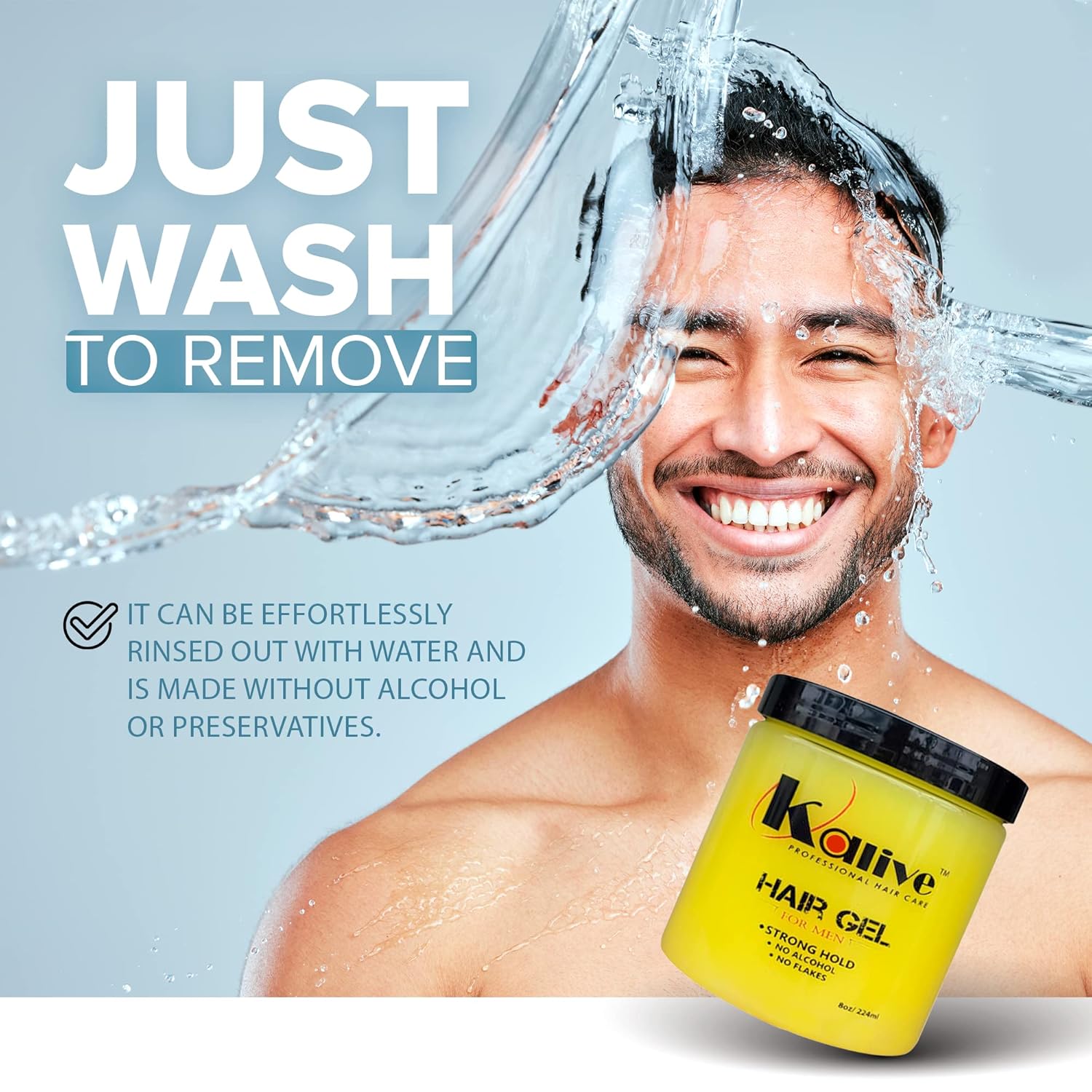 KALIVE Gel de peinado para hombre de 8 onzas, fijación fuerte y brillo ligero todo el día, sin descamación.