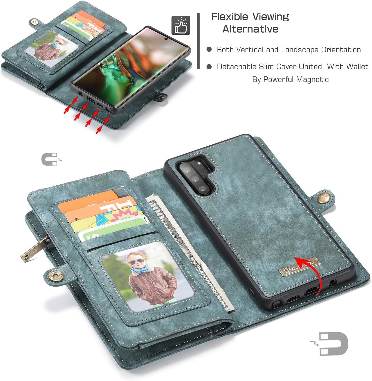 Funda tipo cartera para Samsung Galaxy Note 10 Plus, 2 en 1, de piel duradera, magnética, desmontable, con ranuras para tarjetas, cremallera y funda