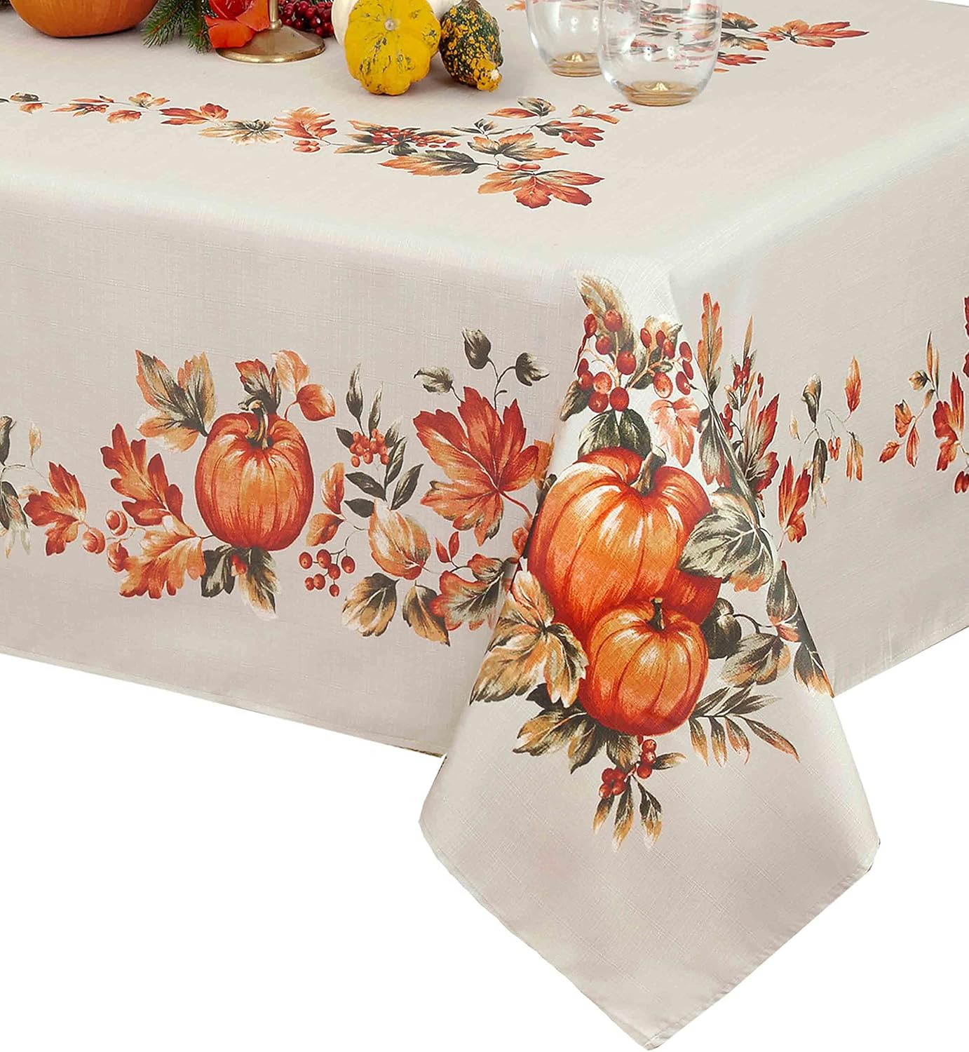 Mantel de Acción de Gracias Traditions con borde de cosecha de otoño, hojas de otoño y parche de calabaza, mantel de tela de fácil cuidado, 52 x 52