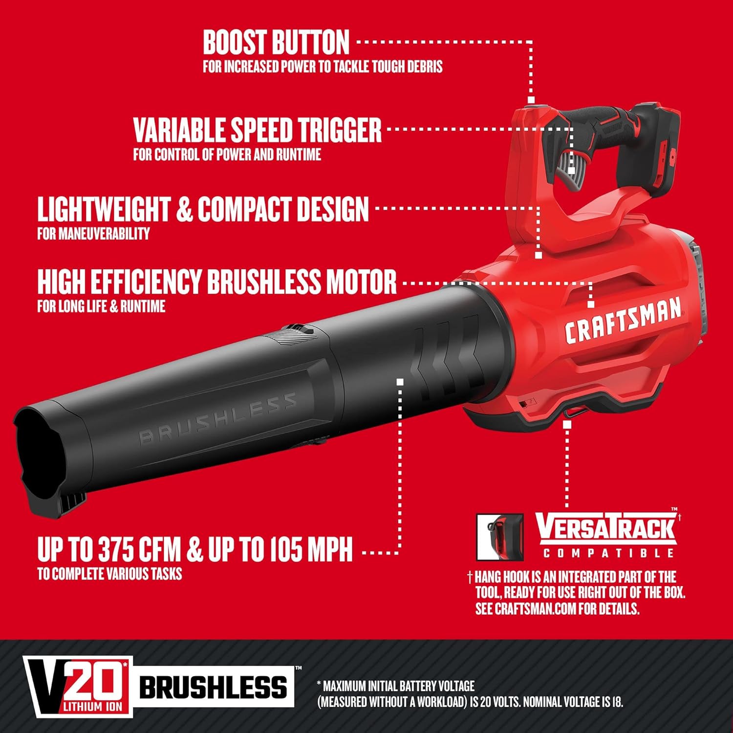 CRAFTSMAN Soplador de hojas inalámbrico de 20 V MAX, batería y cargador incluidos (CMCBL720M1) Rojo