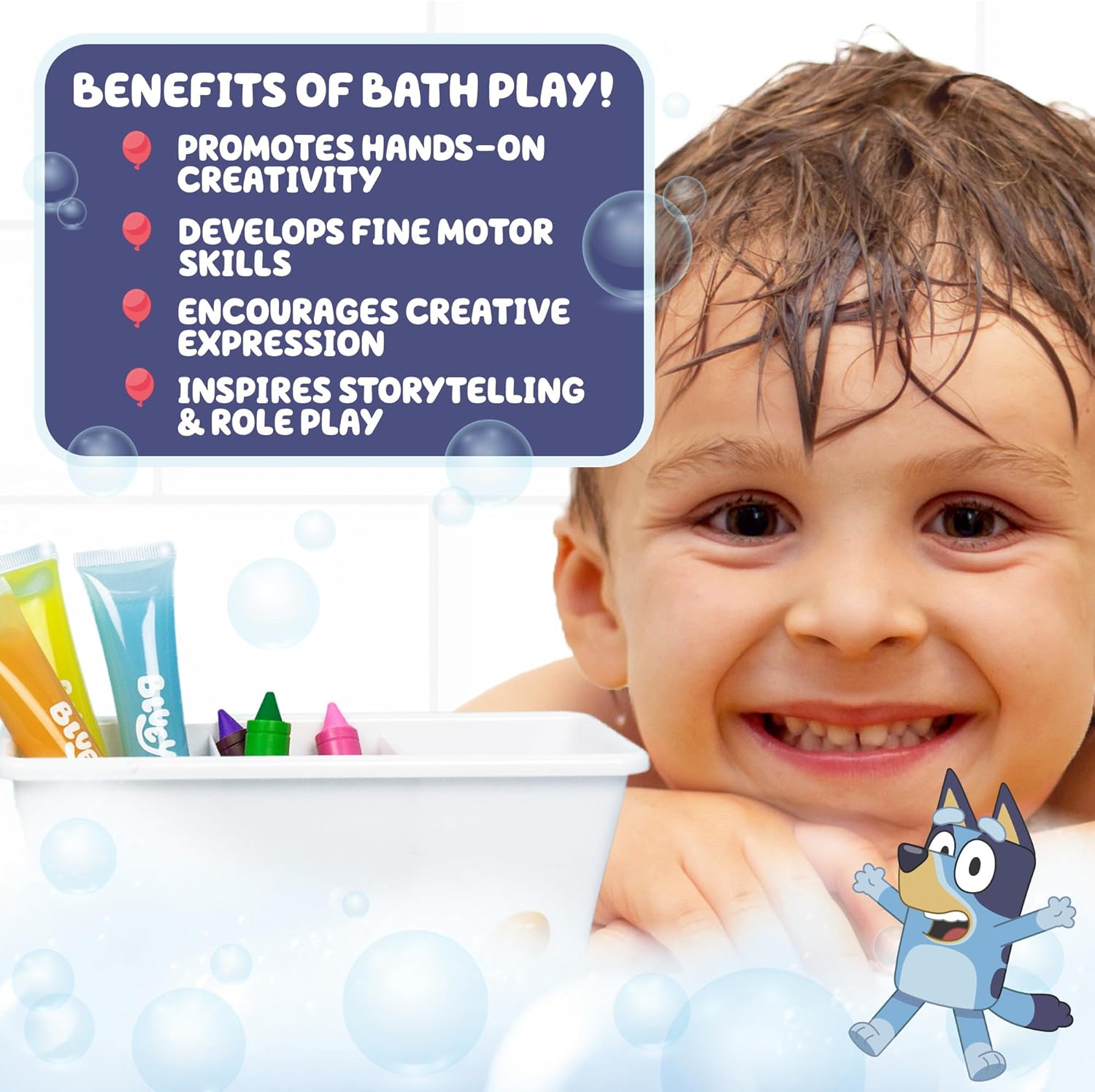 Bluey Bath Creations, juego de actividades de 9 piezas, divertidos juguetes de baño, incluye pinturas de baño lavables, crayones de baño,