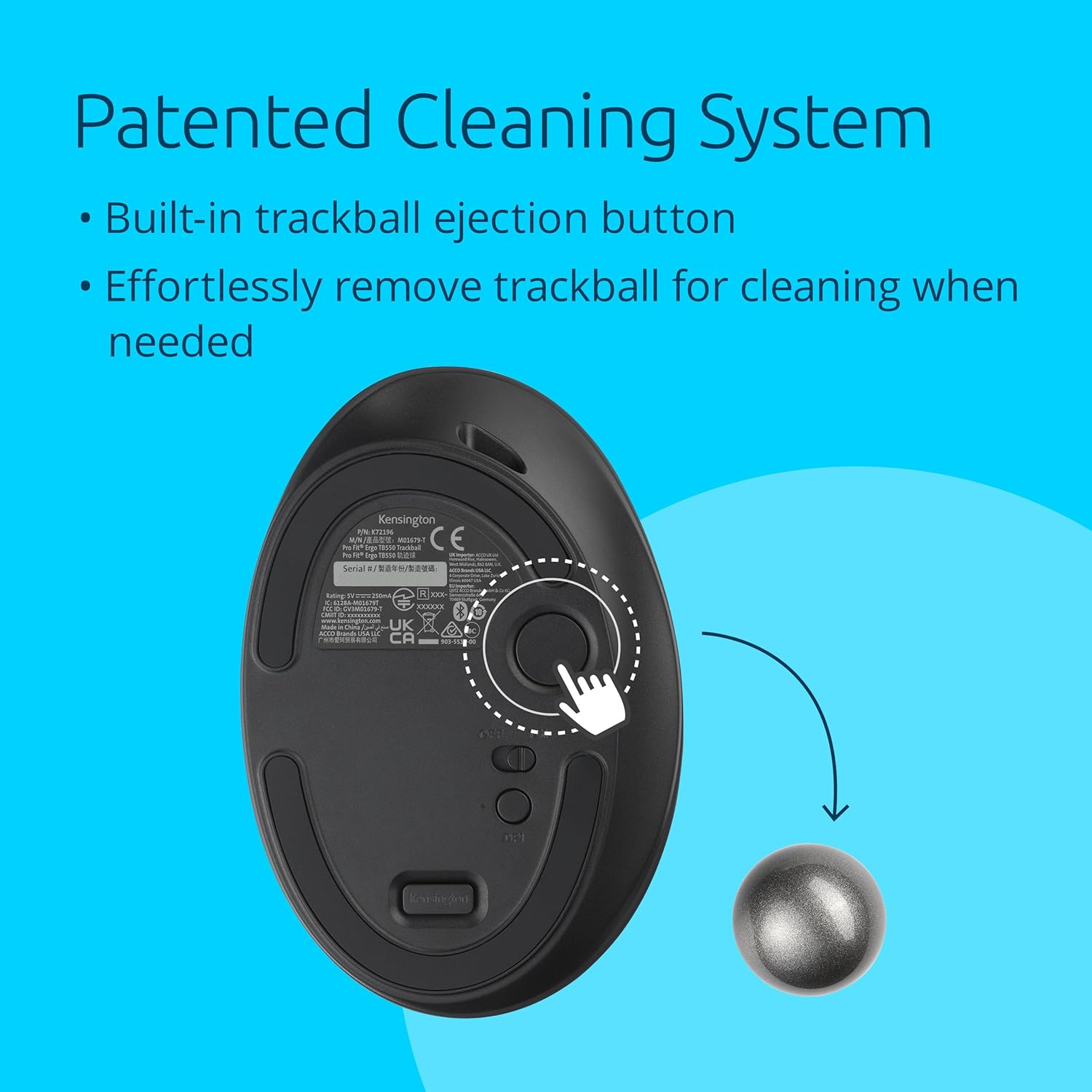 Kensington Ratón inalámbrico TB550, operado con pulgar, recargable, diseño ergonómico (K72196WW), color negro