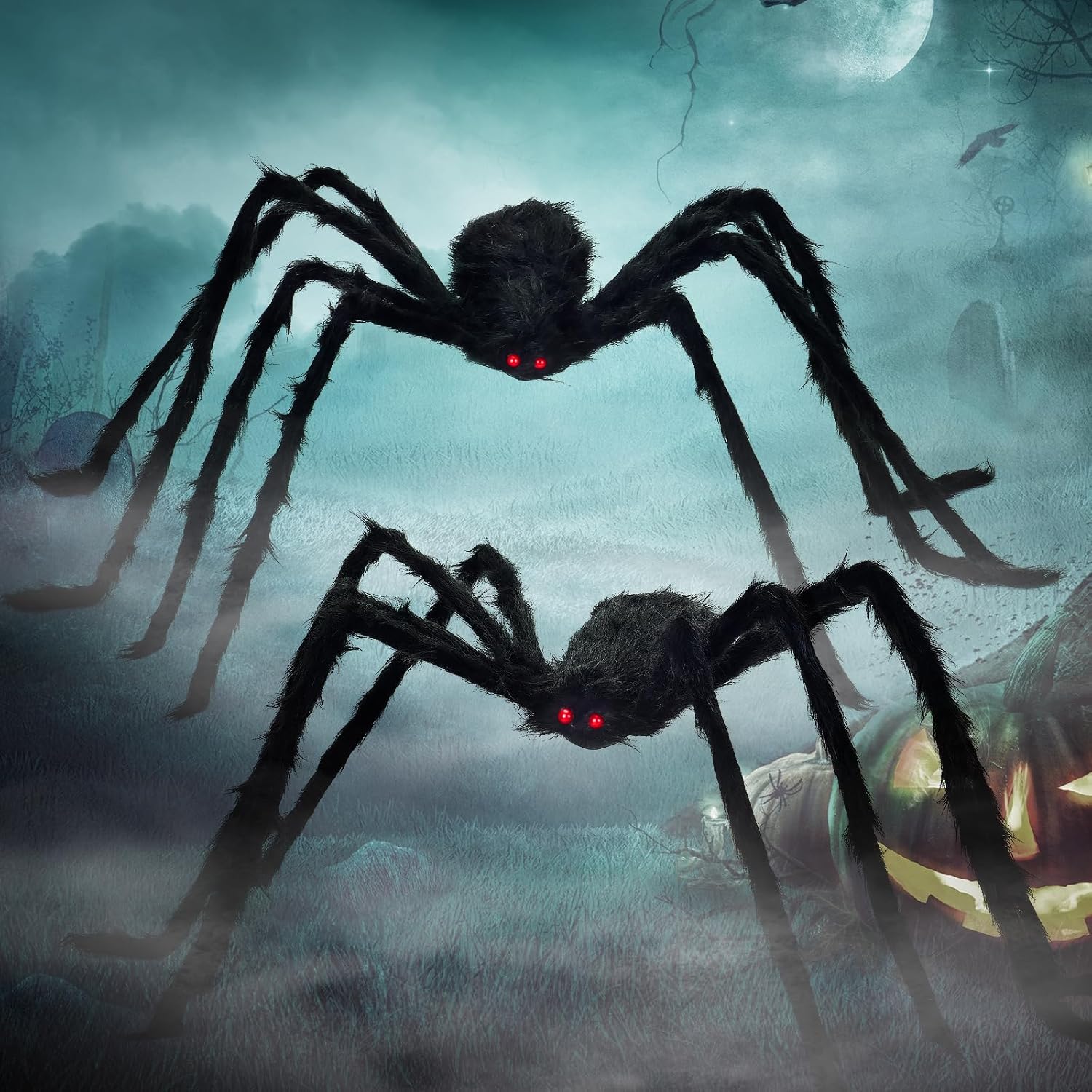 Paquete de 2 decoraciones de Halloween para exteriores, araña negra peluda de 5 pies, araña gigante aterradora, araña grande falsa, accesorios de