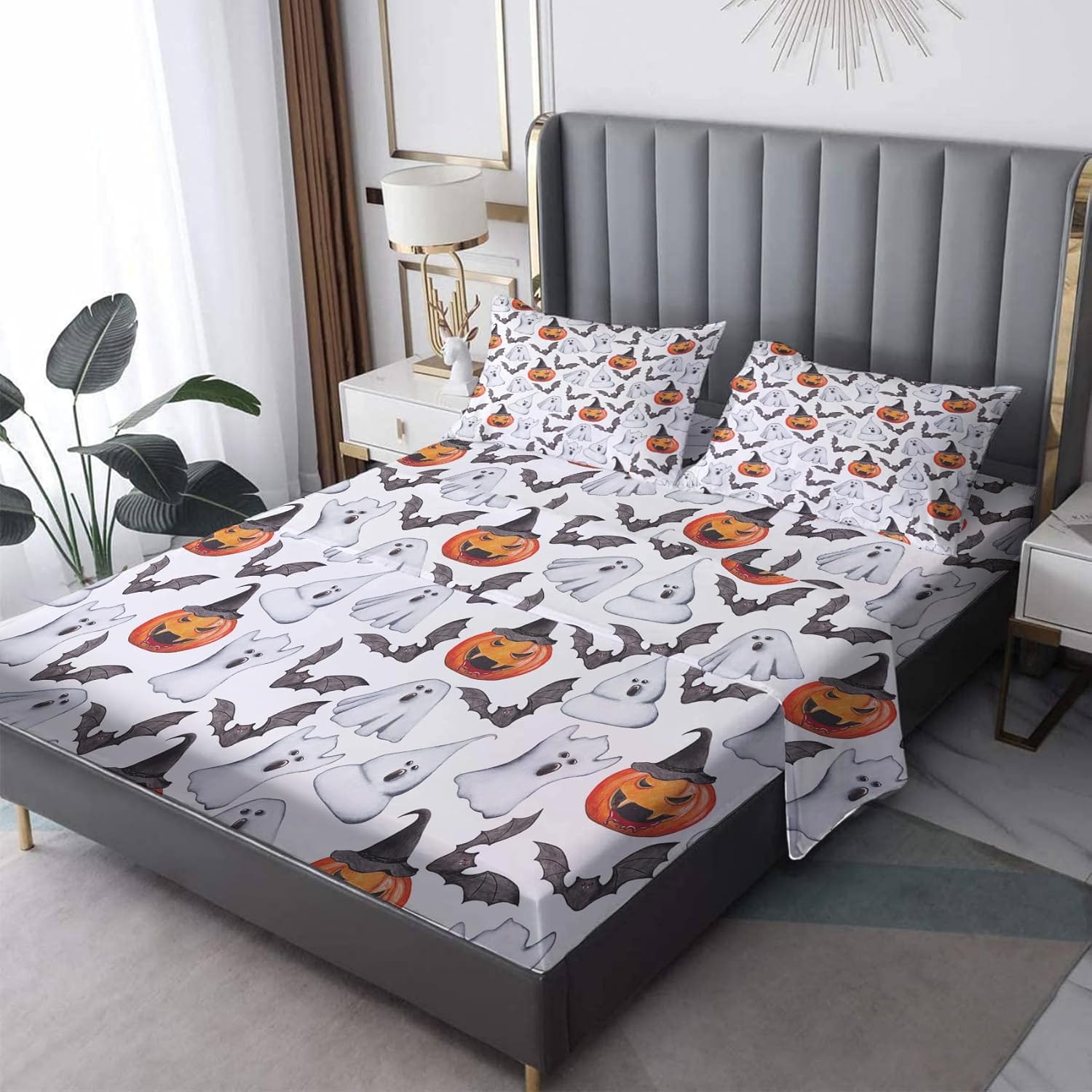 Sábanas de Halloween divididas tamaño King para cama ajustable, sábanas de murciélago fantasma de calabaza, sábanas y fundas de almohada, juego de 5