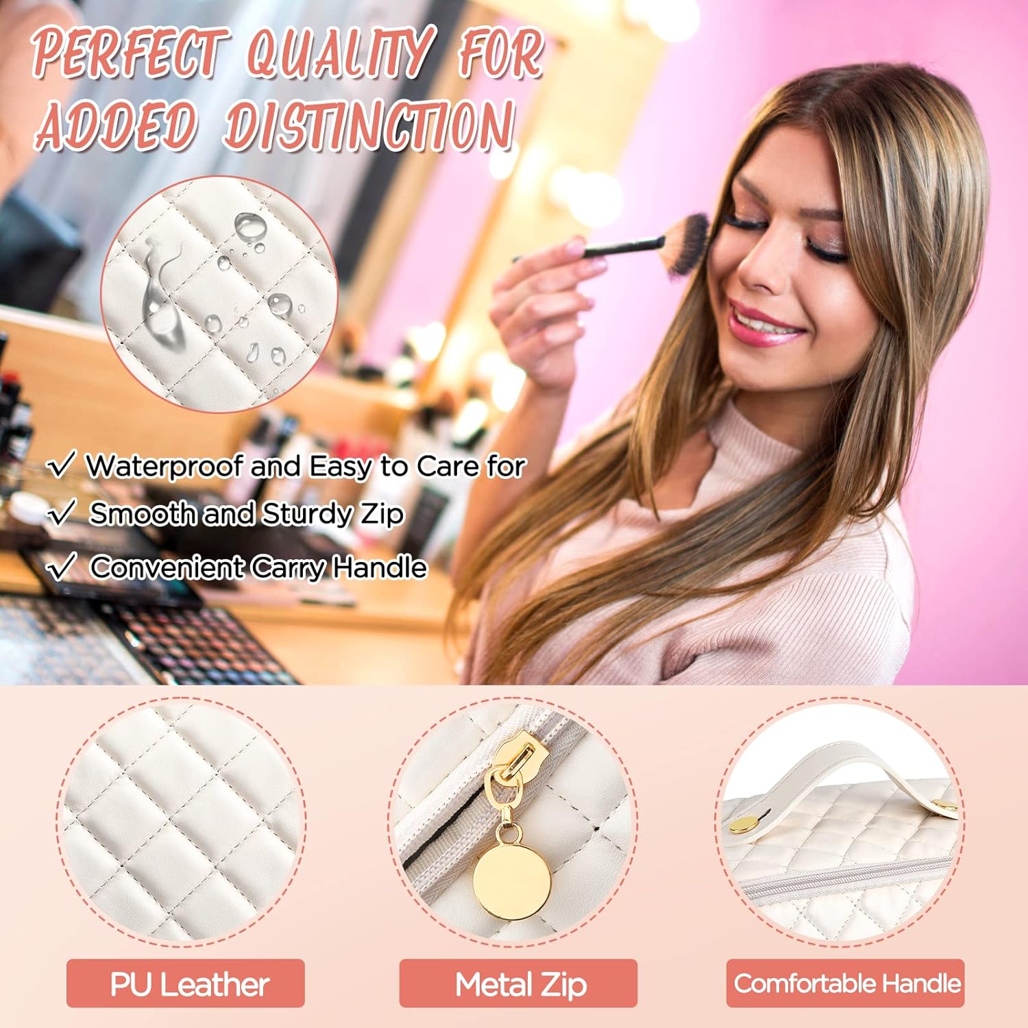 RUMIA Bolsa de cosméticos de viaje de gran capacidad, portátil, de cuero, impermeable, bolsa de maquillaje de viaje, bolsa de almacenamiento con