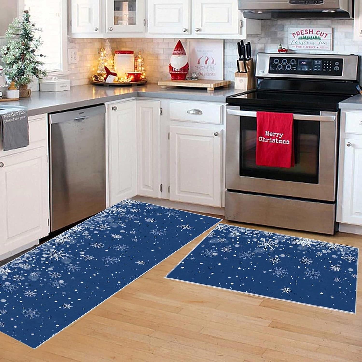 Alfombras de cocina de Navidad 2 piezas acolchadas antifatiga, antideslizantes, impermeables, juego de alfombras de cocina cómodo, tapete de Navidad