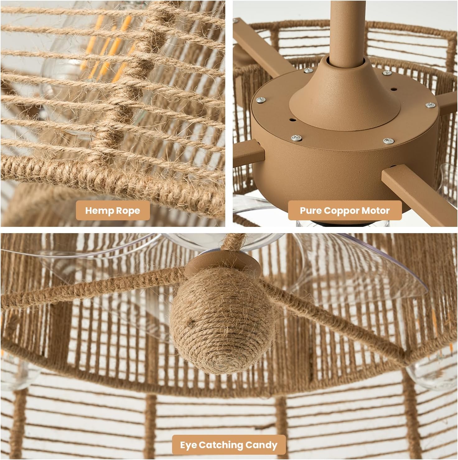 Ventilador de techo bohemio de 20 pulgadas con luces y control remoto, ventilador de techo enjaulado de ratán con luz, 6 velocidades cerradas para