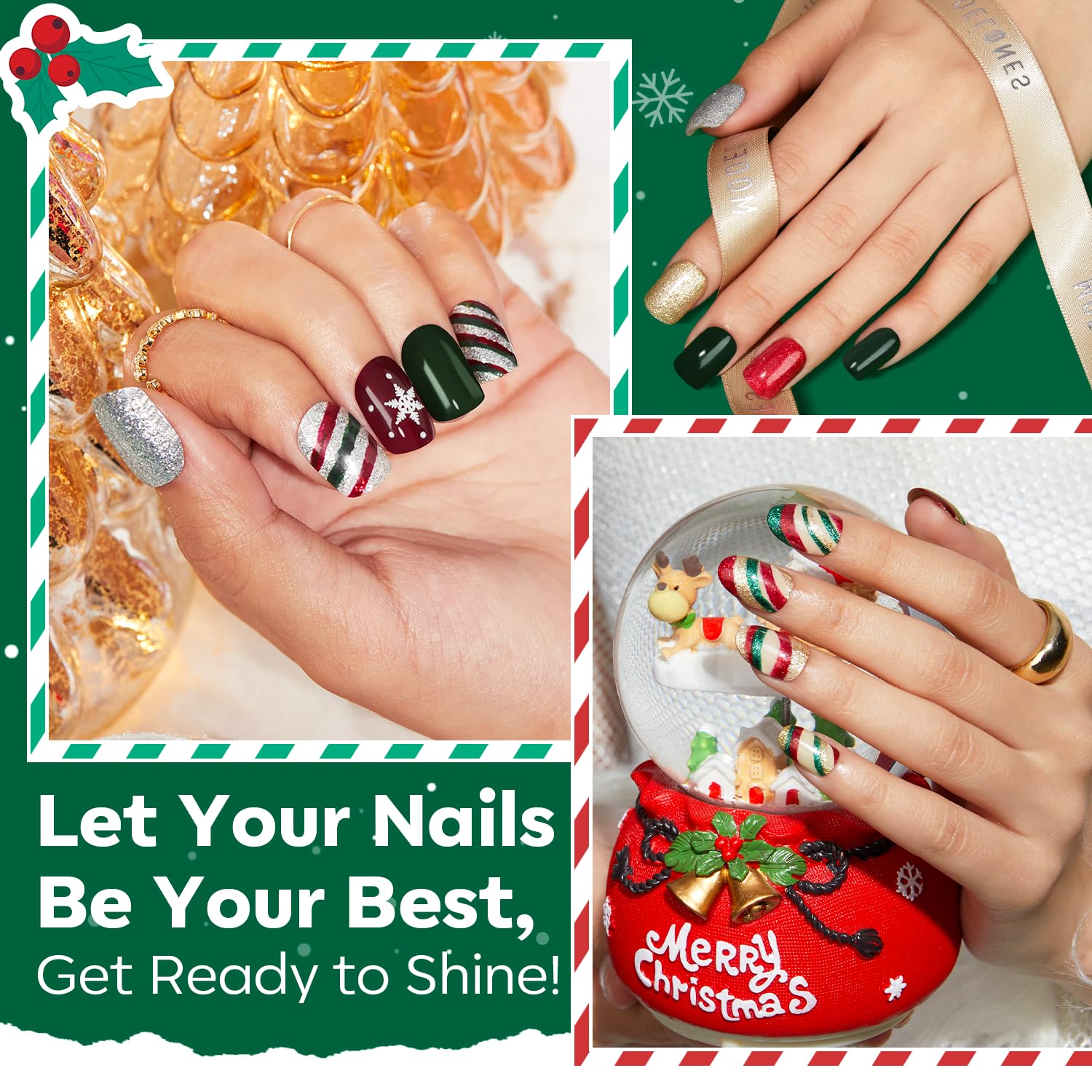 modelones Juego de esmaltes de uñas de Navidad, 6 colores, rojo y verde, con purpurina, juego de esmalte de uñas dorado y plateado, kit de esmalte