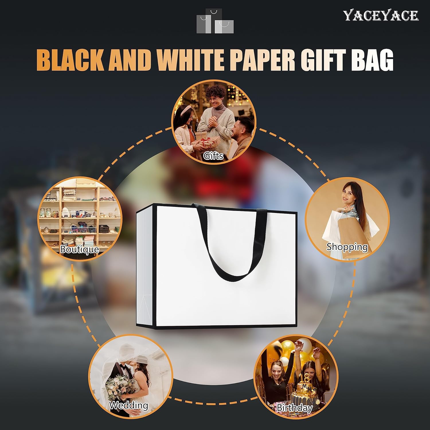 Bolsas de regalo en blanco y negro, 20 unidades, 10.5 x 4.25 x 8 pulgadas, medianas bolsas de regalo blancas y negras con asas de cinta, bolsas de