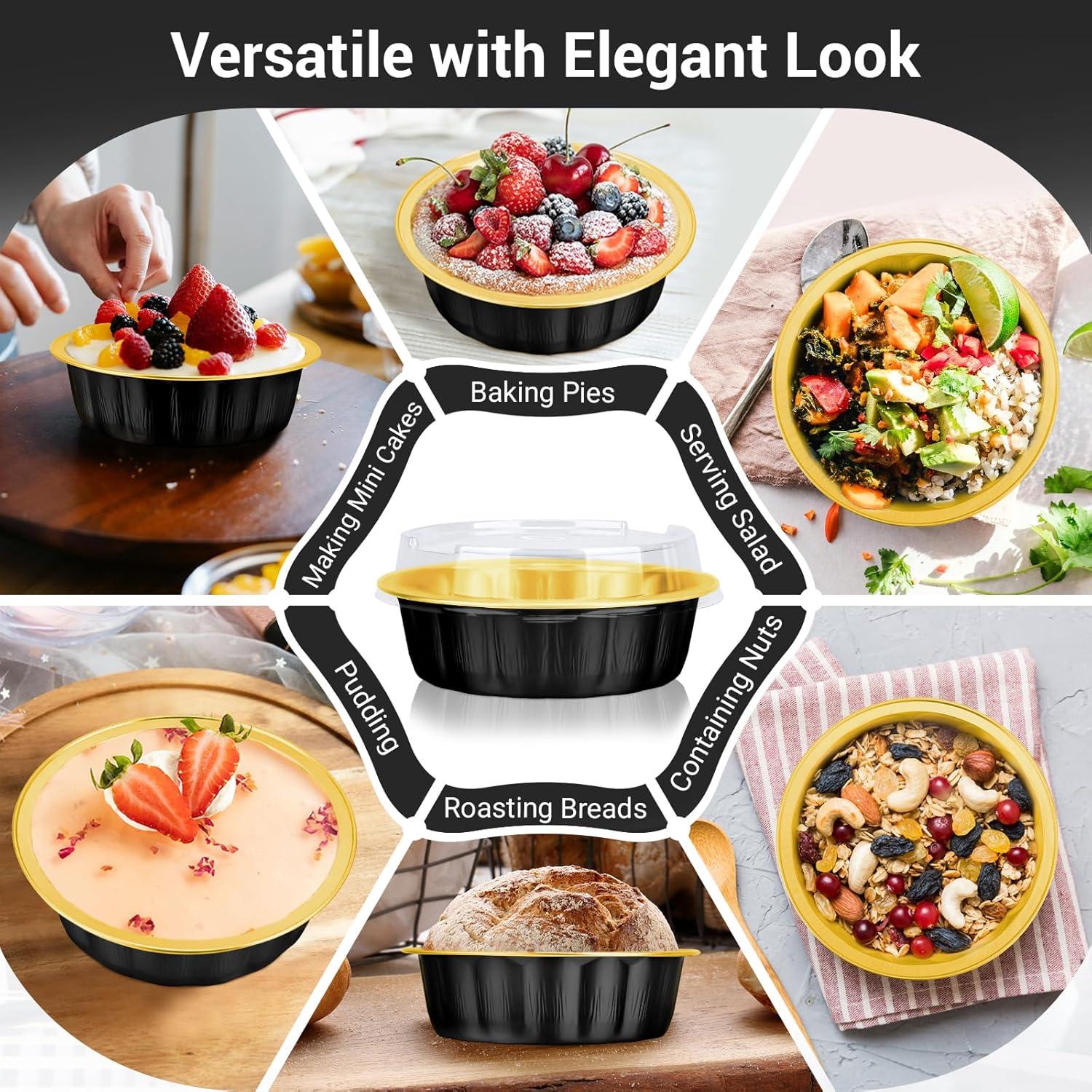 EUSOAR Moldes desechables con tapas, color oro negro, paquete de 50 moldes de papel de aluminio de 14.2 onzas con tapas, moldes desechables para