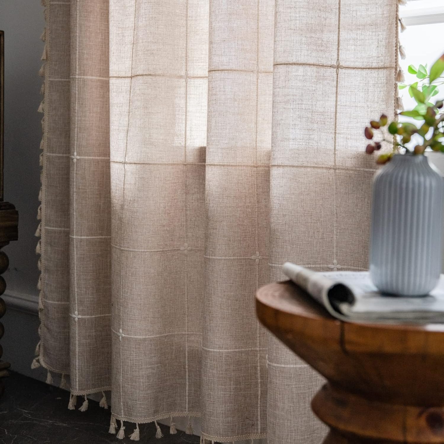 1 panel de cortinas bohemias de 63 pulgadas de ancho x 63 pulgadas de largo, de lino y algodón, para dormitorio, cortinas semiopacas con bordados de