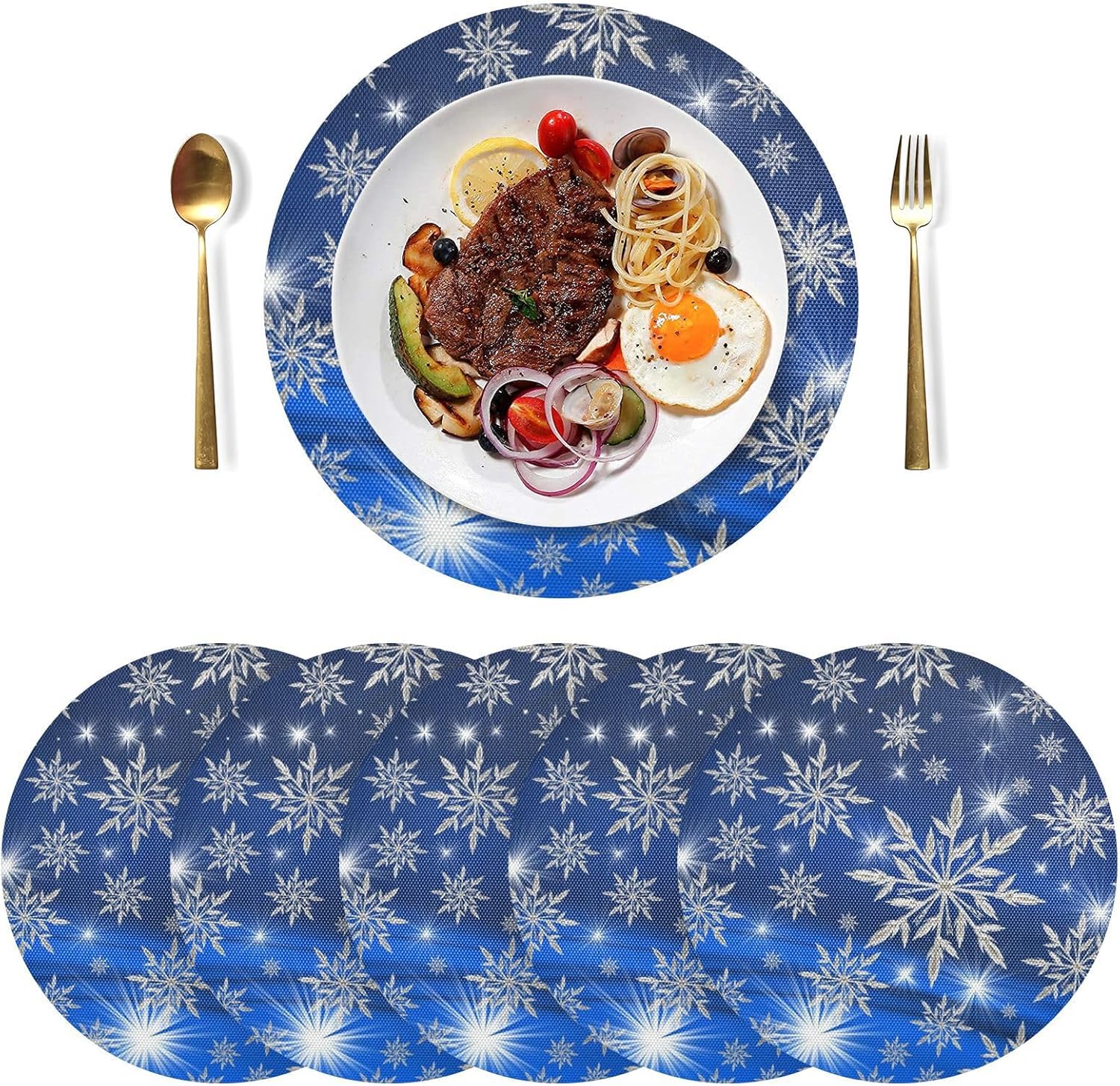 Kcldeci Juego de 4 manteles individuales de Navidad para mesa de comedor, diseño de copos de nieve de Navidad, color azul, manteles individuales