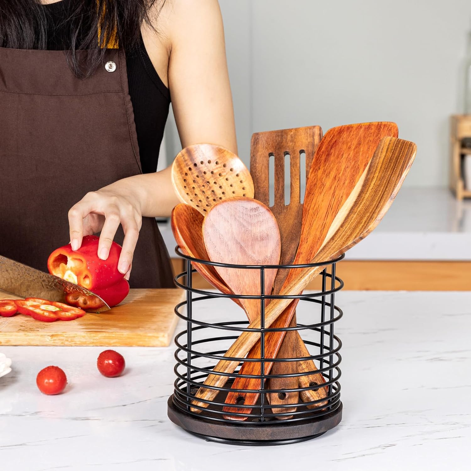 Soporte giratorio de 360 para encimera de cocina, soporte de utensilios de cocina grande de metal y madera de 6.5 pulgadas con orificio de drenaje,
