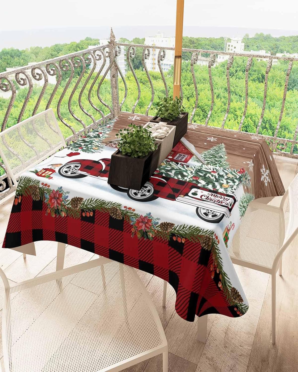 BOBOWUNY Manteles cuadradosredondos de 52 x 52 pulgadas, mantel de mesa de camión de Navidad para interiores y exteriores, decoración de mesa para