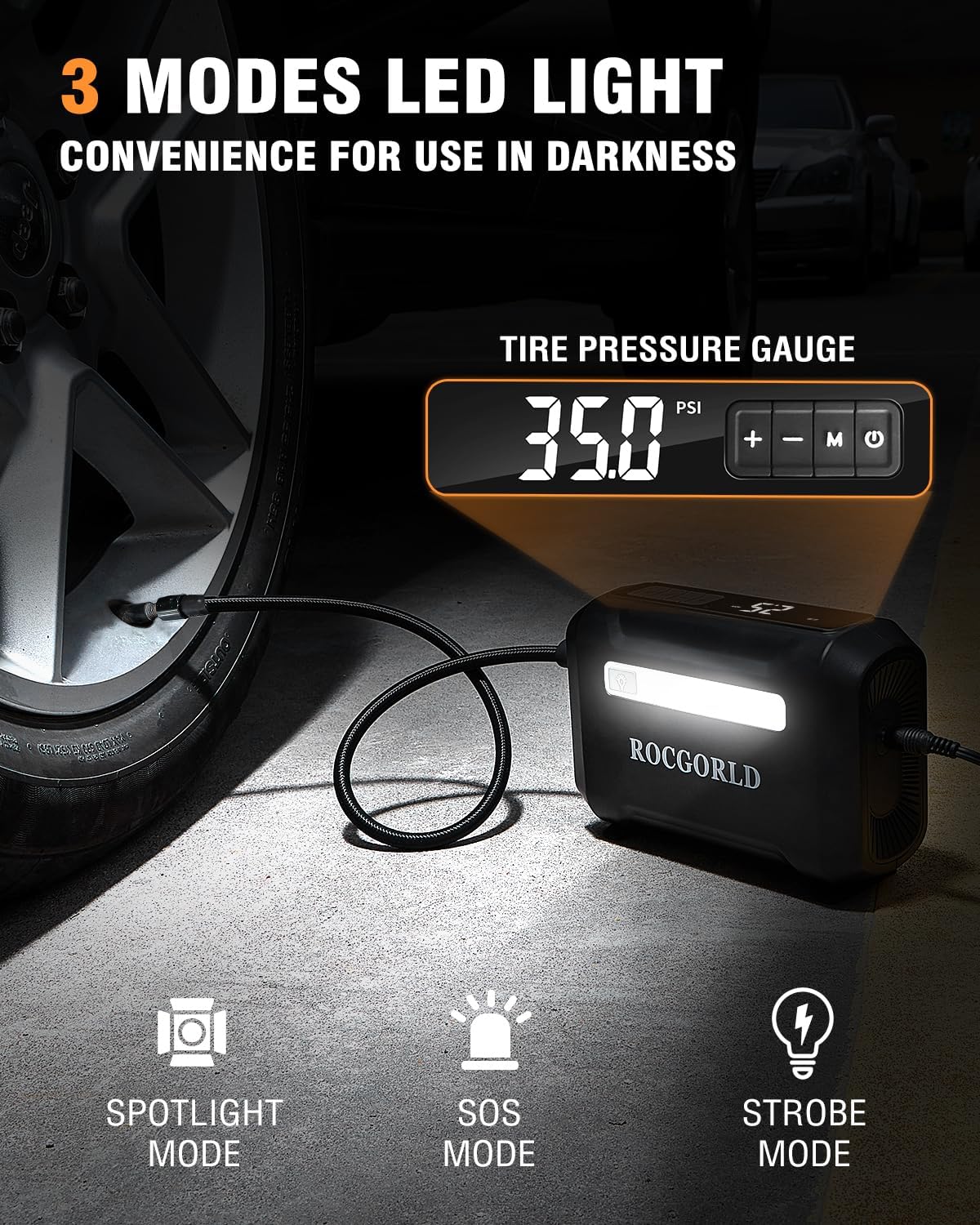 ROCGORLD Inflador de neumáticos R7 Compresor de aire portátil, bomba de aire de neumáticos de automóvil de 12 V CC con función de apagado