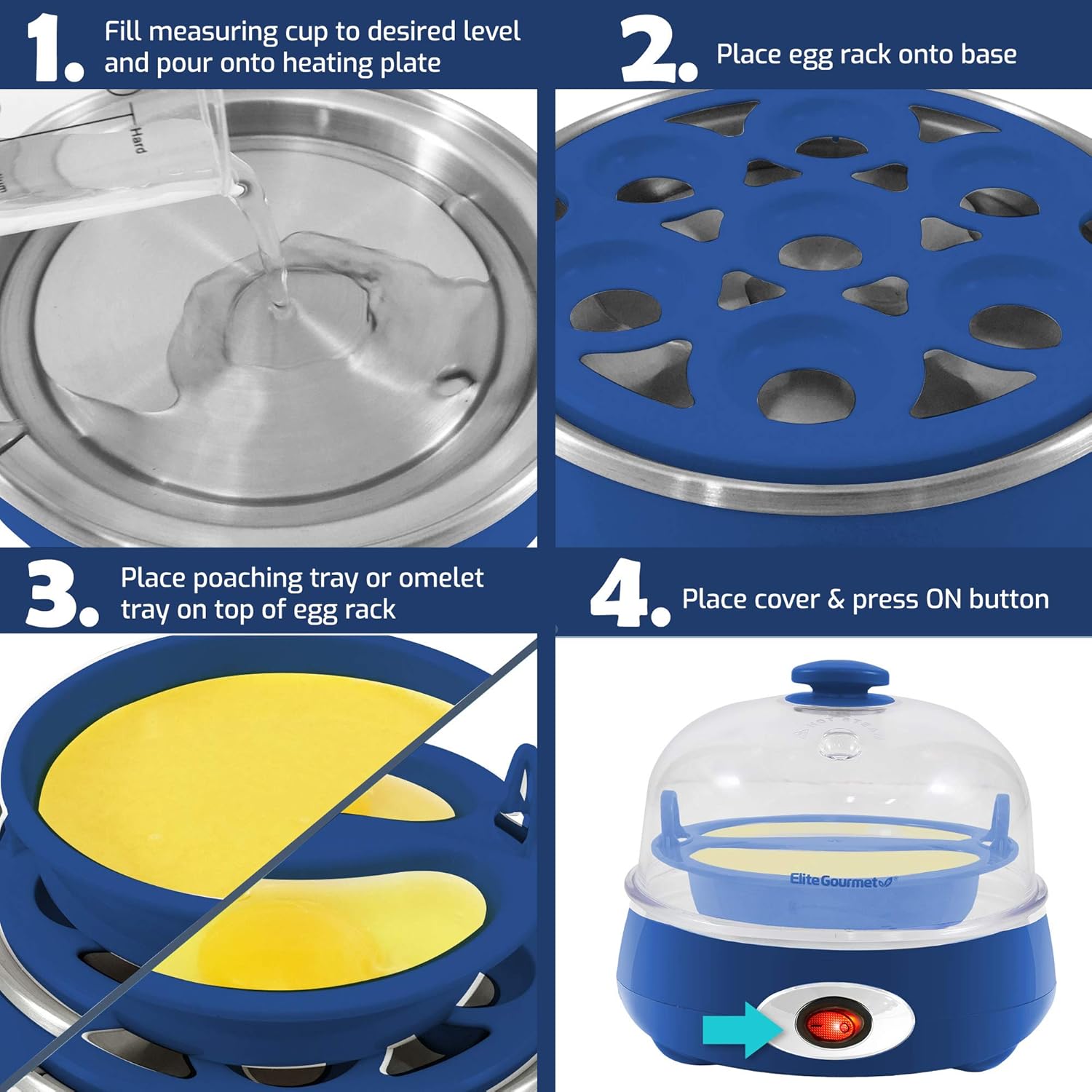 Elite Gourmet – Olla rápida para huevos EGC007CBL#, capacidad 7 huevos, máquina para escalfar y hacer tortillas, con alarma y apagado automático,