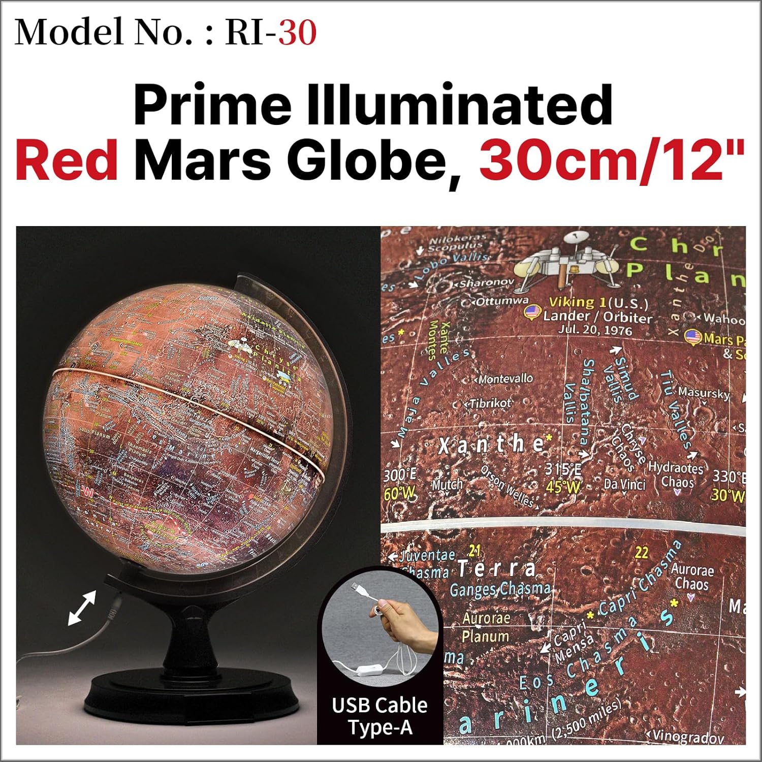Mapsoft Prime – Globo iluminado de Marte rojo, latín, 11.8 in, RI-30