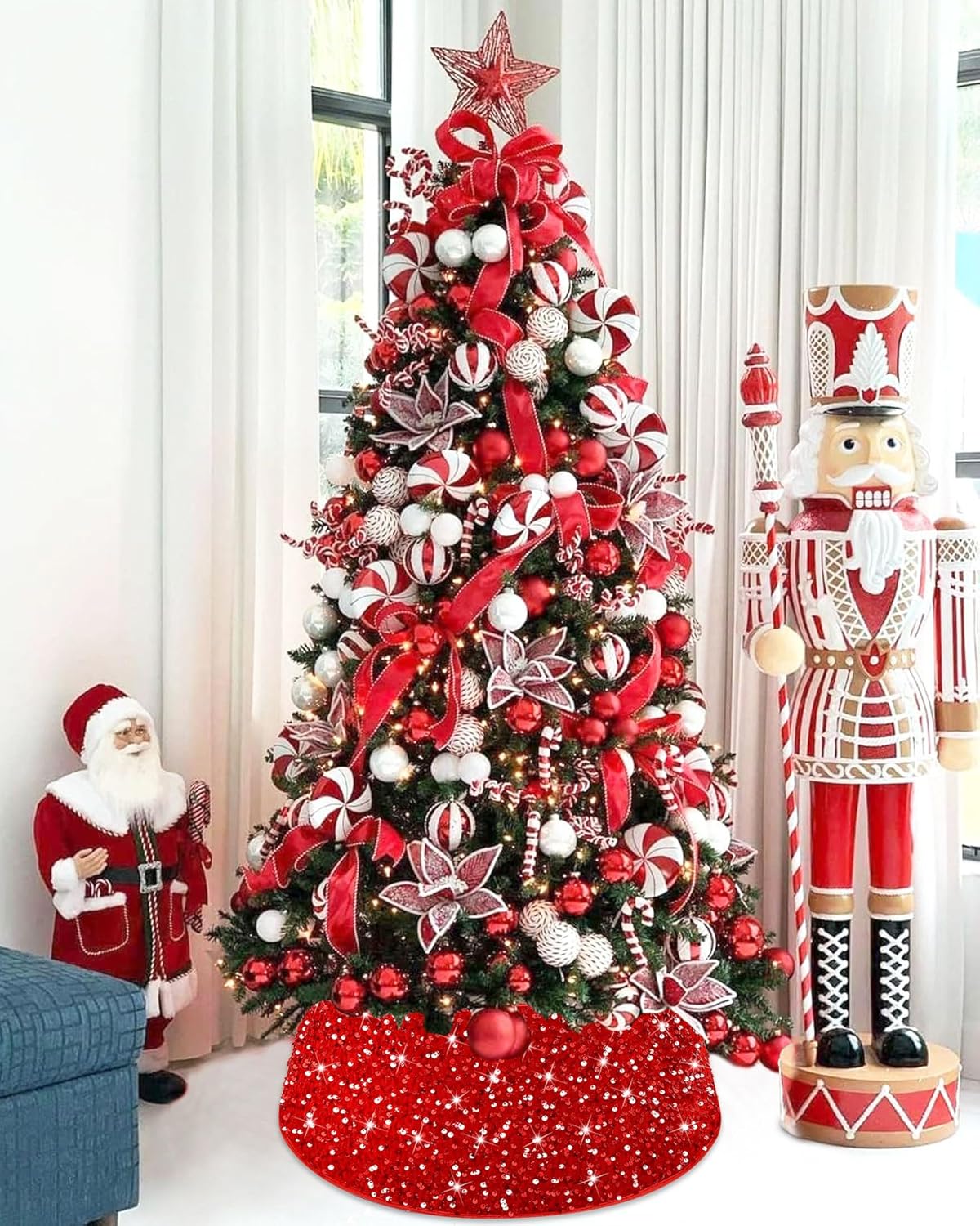 Falda de árbol de Navidad roja con lentejuelas y lentejuelas de 23.6 pulgadas, faldas de terciopelo con purpurina para árbol de Navidad, anillo de