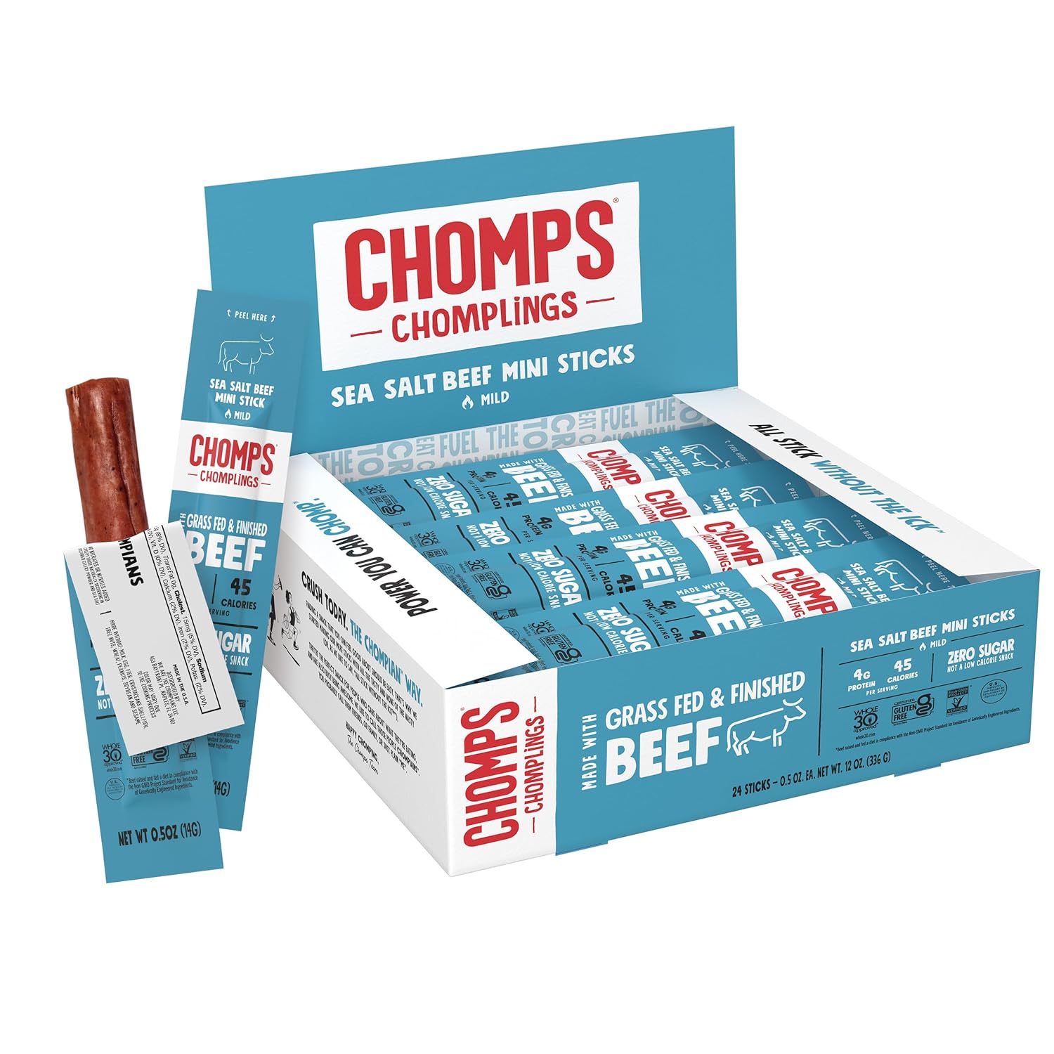 Chomps Palitos de carne seca de res alimentados con pasto y terminados con sal marina, 0.5 onzas, paquete de 24 unidades, Keto, Paleo, Whole30, 0.14