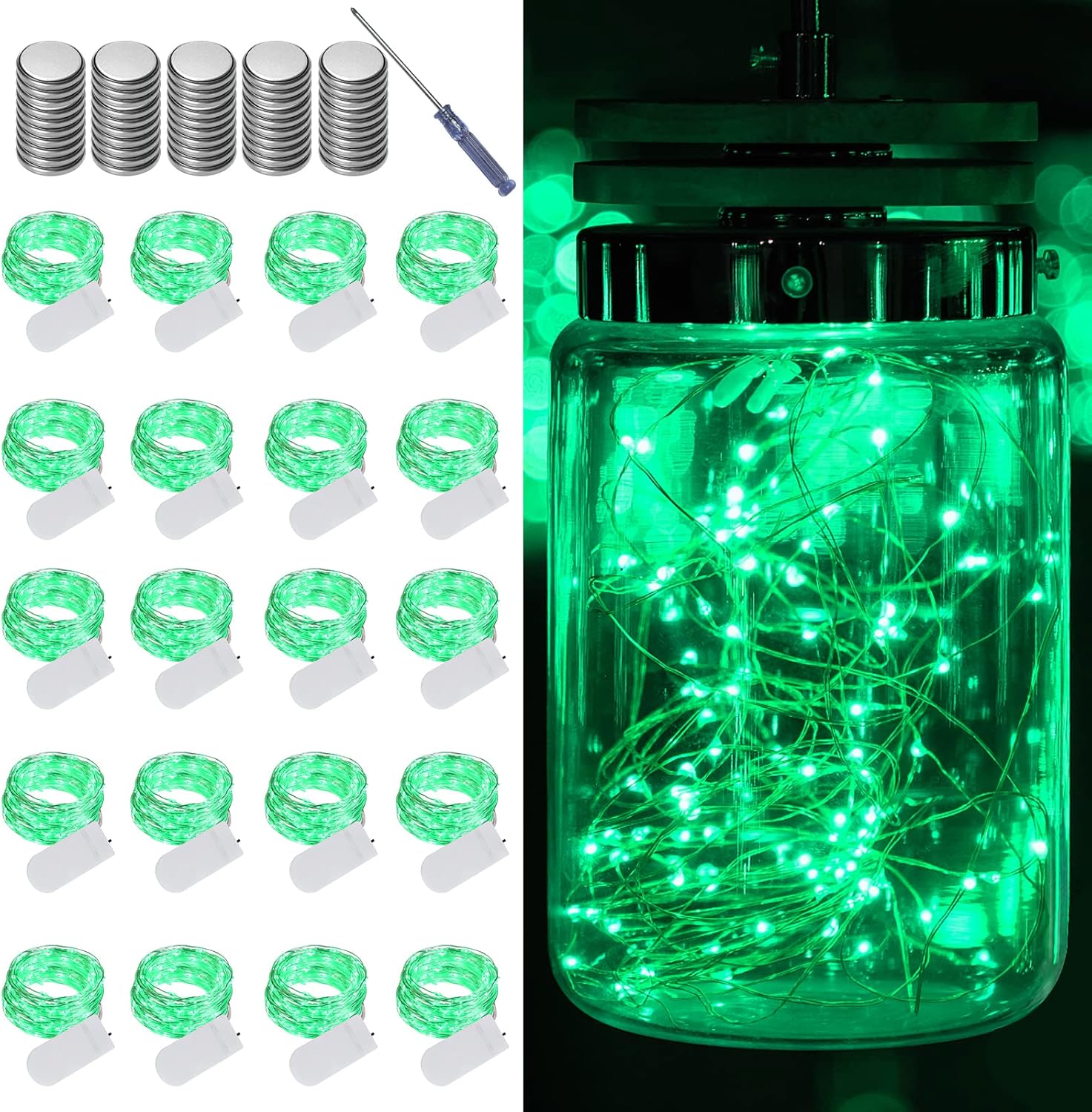 Paquete de 20 luces de hadas a pilas, 20 LED en alambre de cobre plateado de 6.6 pies, luces de hadas de luciérnaga para bodas, fiestas, tarros,