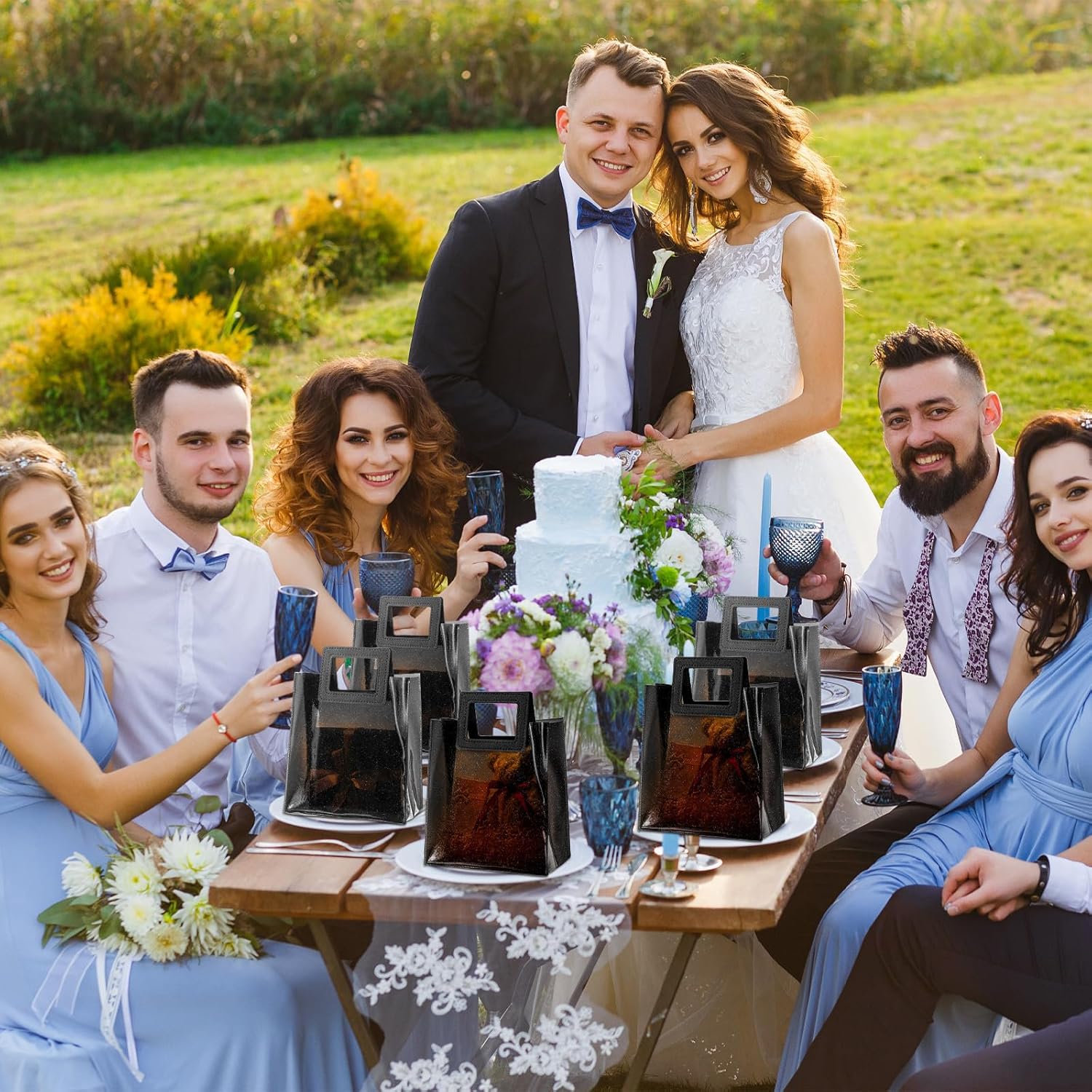 20 bolsas de regalo transparentes con asas para boda, bolsa de mano transparente con purpurina de 7 x 4 x 8 pulgadas, bolsa de regalo de PVC