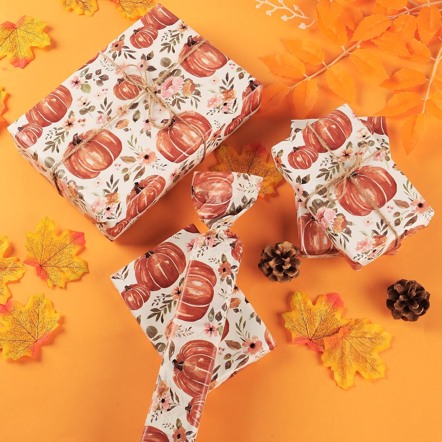 100 hojas de papel de seda de otoño de 20 x 14 pulgadas para bolsas de regalo, papel de envoltura de regalo con estampado floral de calabaza para el