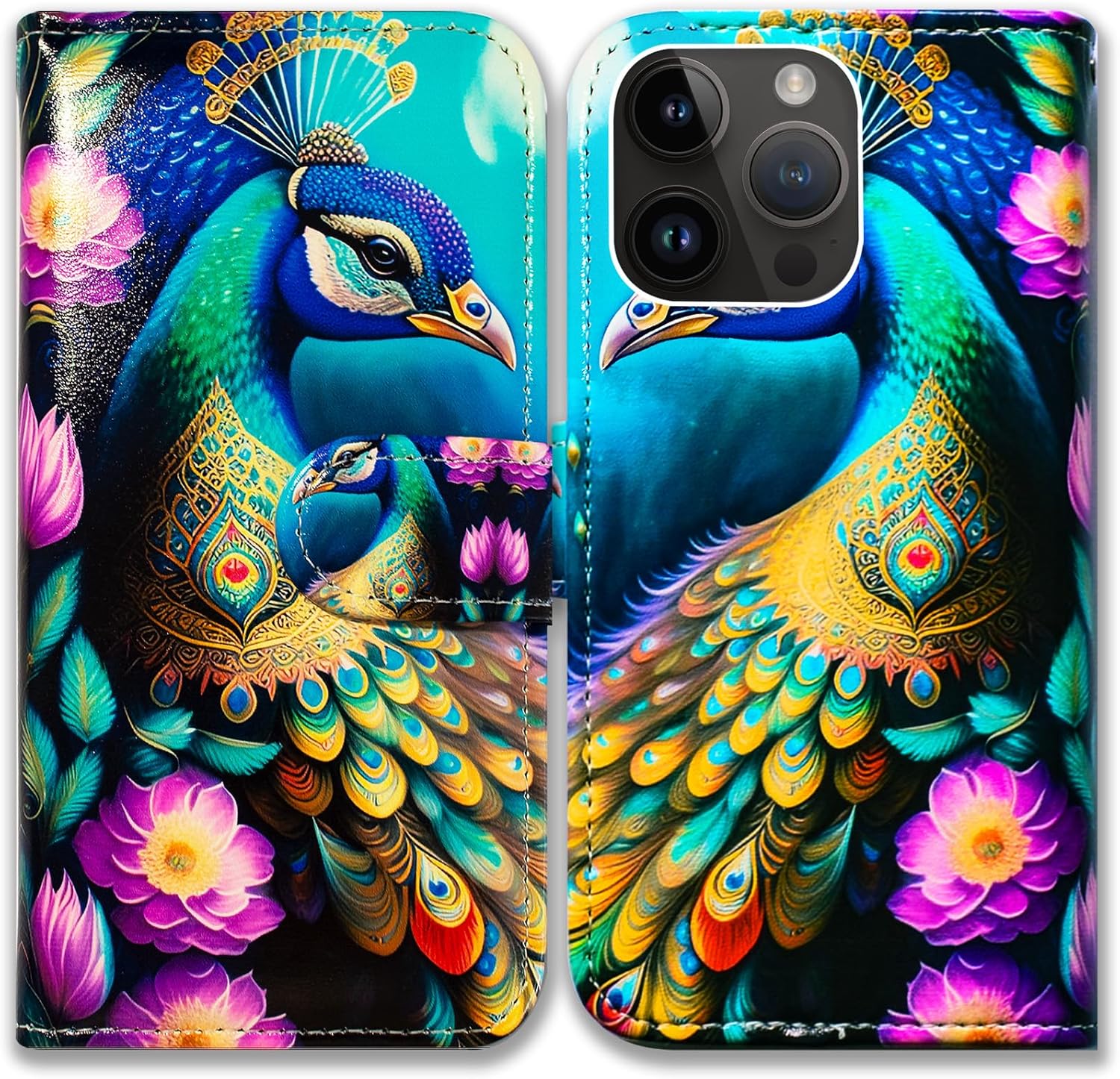 Bcov Funda para iPhone 15 Pro Max, diseño colorido de mandala de pavo real, de piel, con tapa y soporte para tarjeta y soporte para iPhone 15 Pro Max