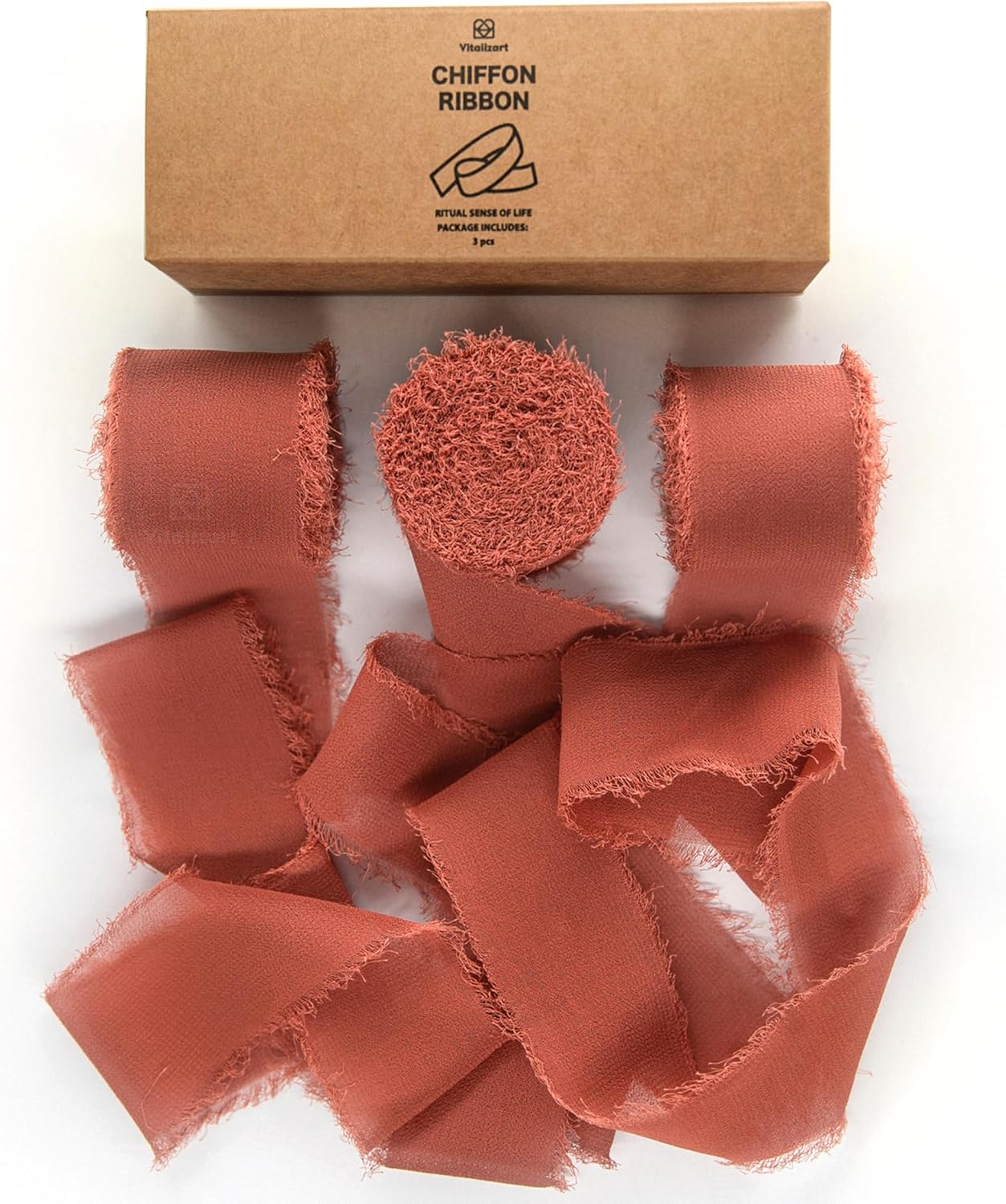 Vitalizart – 3 rollos de cinta de gasa hecha a mano con flecos, tacto como la seda, de chifón, de 1.5 pulgadas de ancho x 7 yardas de largo, para
