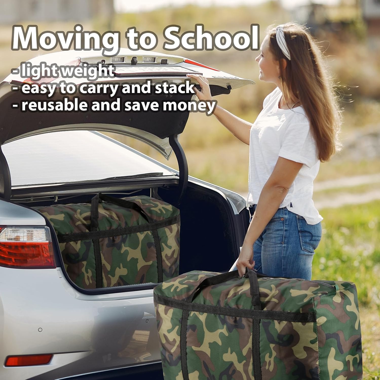 2 paquetes de bolsas de mudanza extra grandes de camuflaje de 100 L, bolsas de almacenamiento resistentes, asas envolventes de tela Oxford 600D,