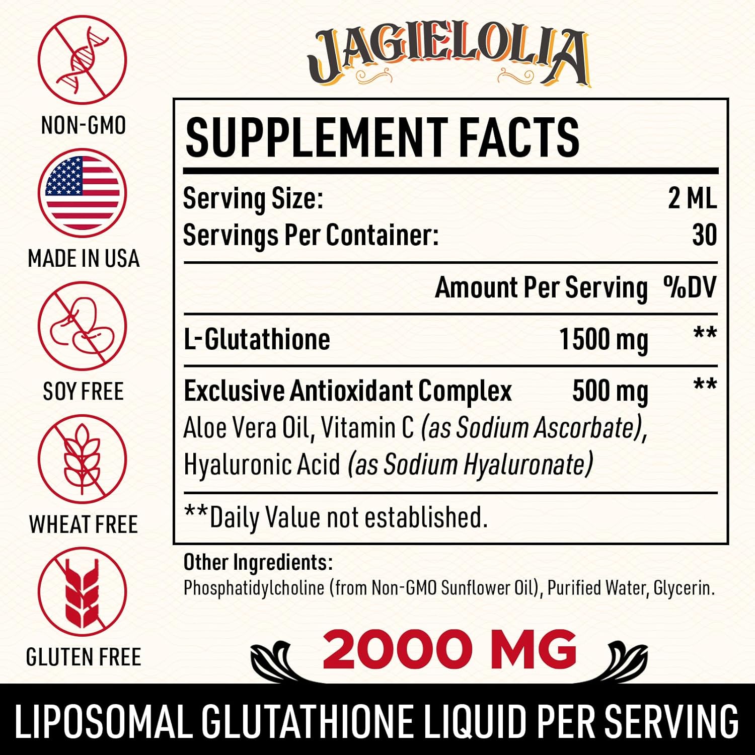 Líquido de glutatión liposomal de 2000 MG, fabricado en los Estados Unidos, suplemento de glutatión reducido, absorción mejorada, sin OMG, potente