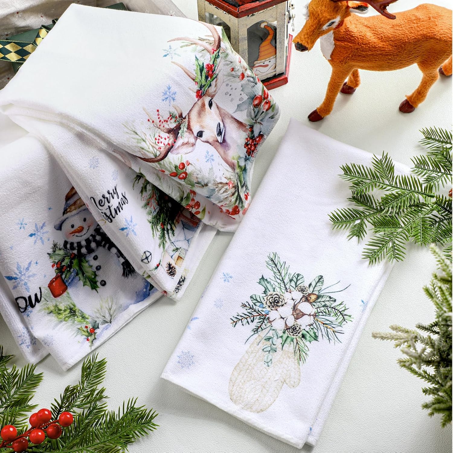 Juego de 4 toallas de cocina de Navidad de 17 x 26 pulgadas, absorbentes de Navidad, árbol de Navidad, copo de nieve, muñeco de nieve, toalla de