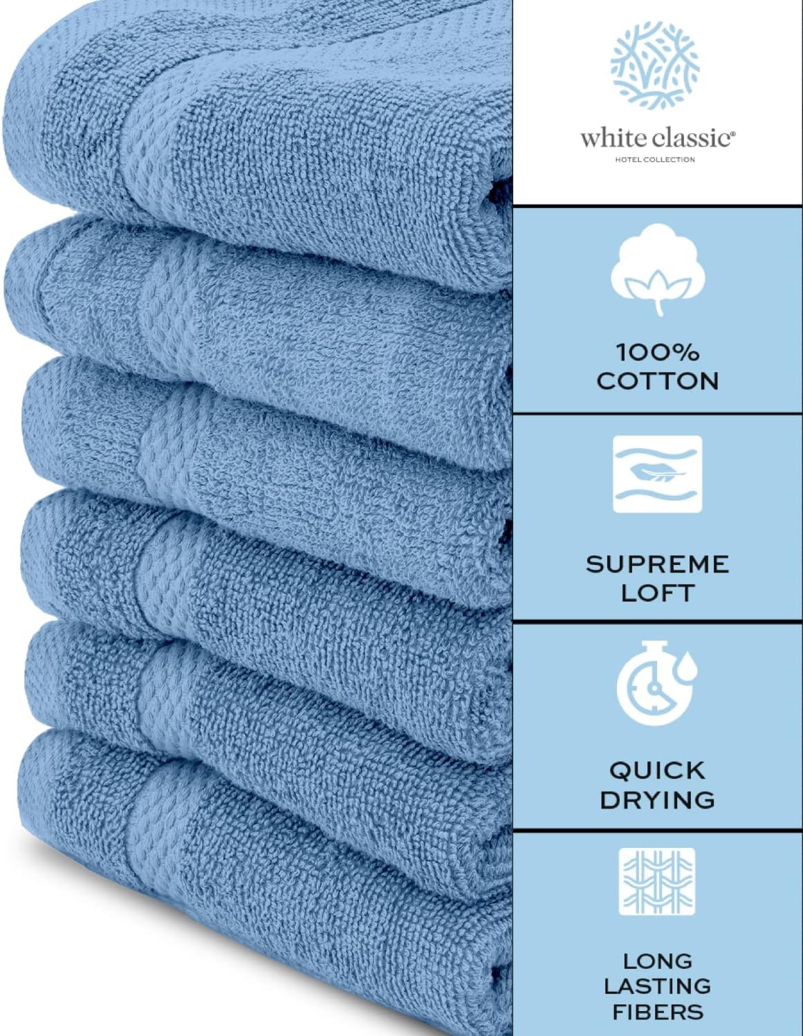 White Classic Toallas de algodón de lujo, paquete de 12 toallas de mano de lujo, paquete de 6 toallas de baño de lujo, paquete de 2 unidades (azul