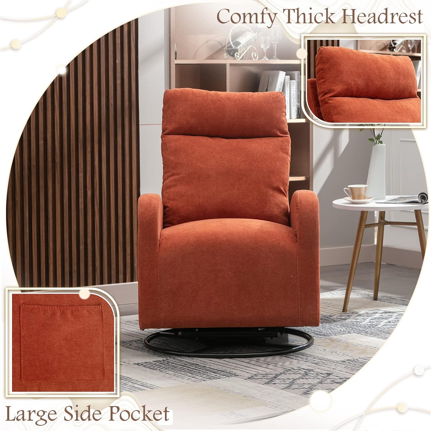 KINFFICT Silla giratoria moderna, mecedora tapizada para el cuarto del bebé, cómoda silla mecedora con respaldo alto con bolsillo lateral y