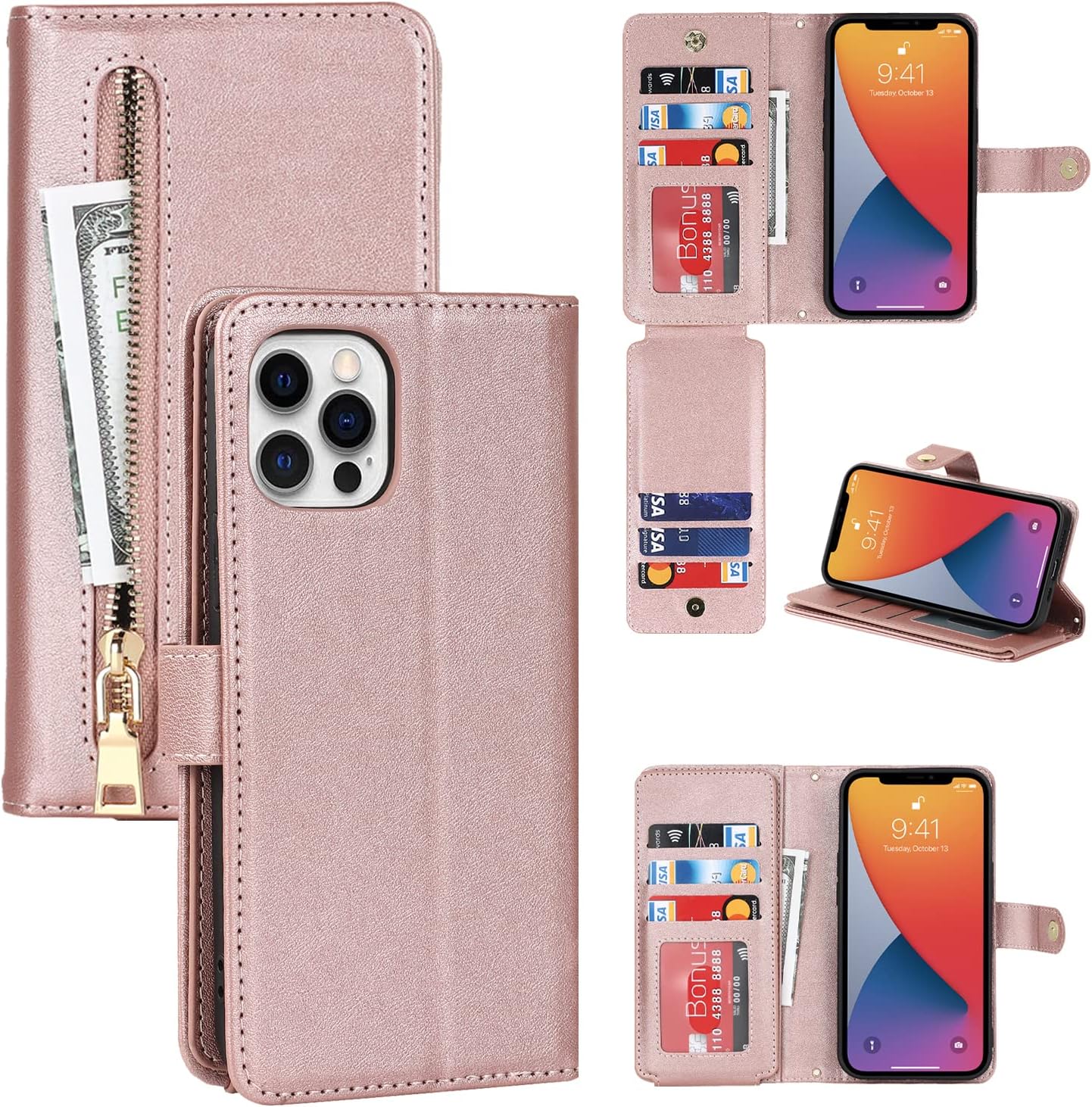 Havaya Funda para iPhone 12 con tarjetero, para iPhone 12 Pro, funda tipo cartera para mujer, funda tipo cartera con cremallera y ranuras para