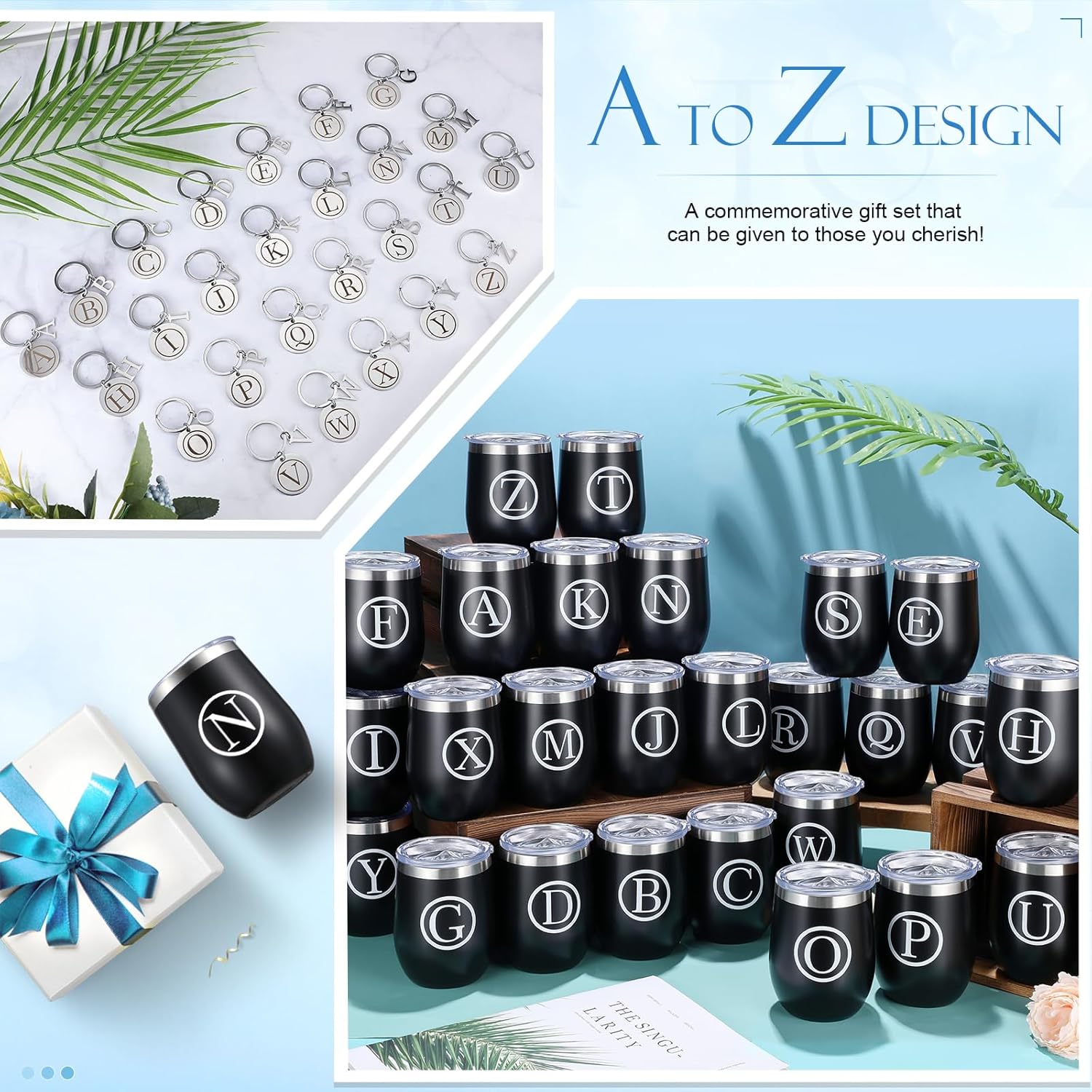 Dandat Vaso de vino personalizado con llavero personalizado, taza inicial de viaje de acero inoxidable negro de 12 onzas con tapa y popote para