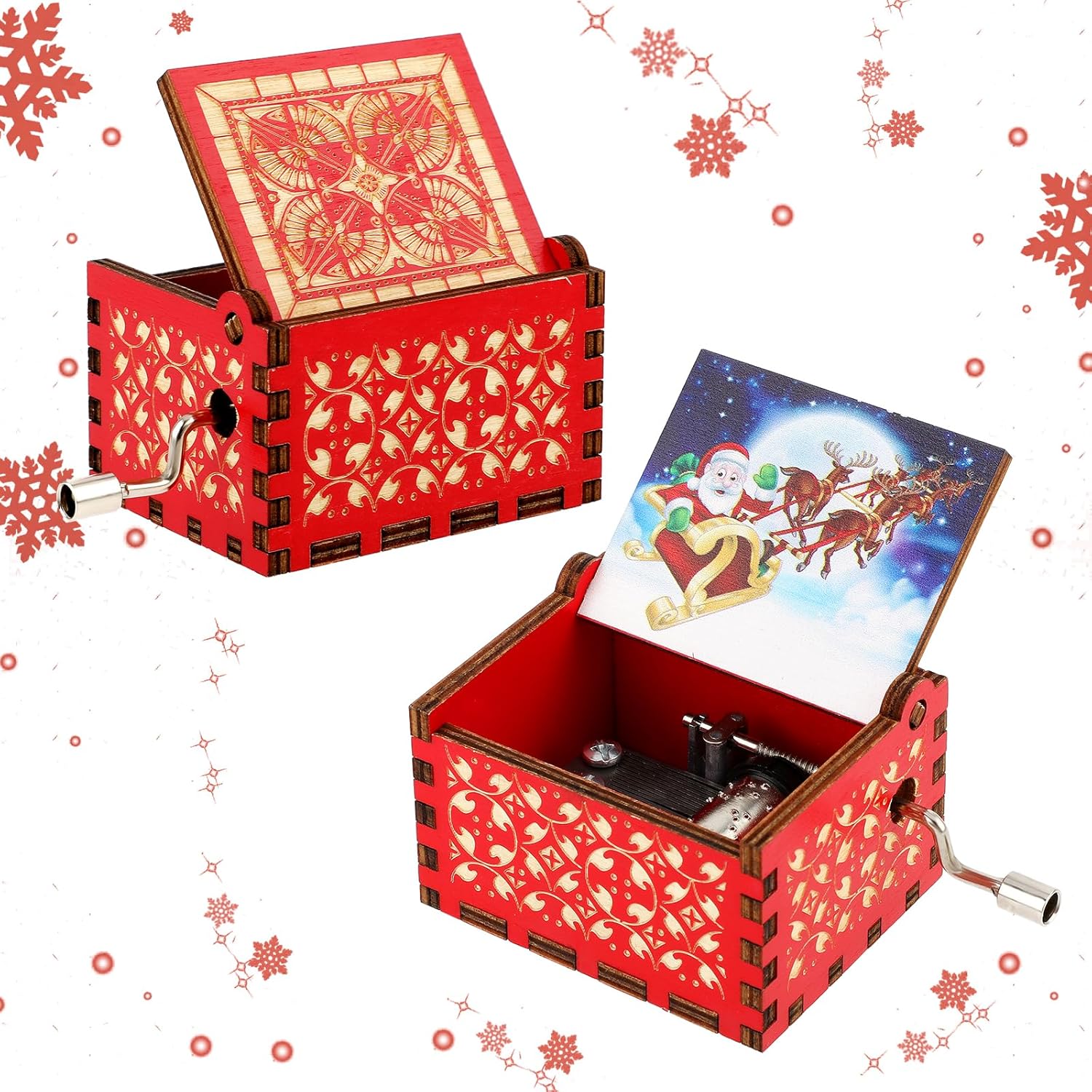 Amaxiu Caja de música de Navidad, cajas de música de manivela de madera, mini cajas musicales grabadas vintage con tema de Navidad, decoraciones de