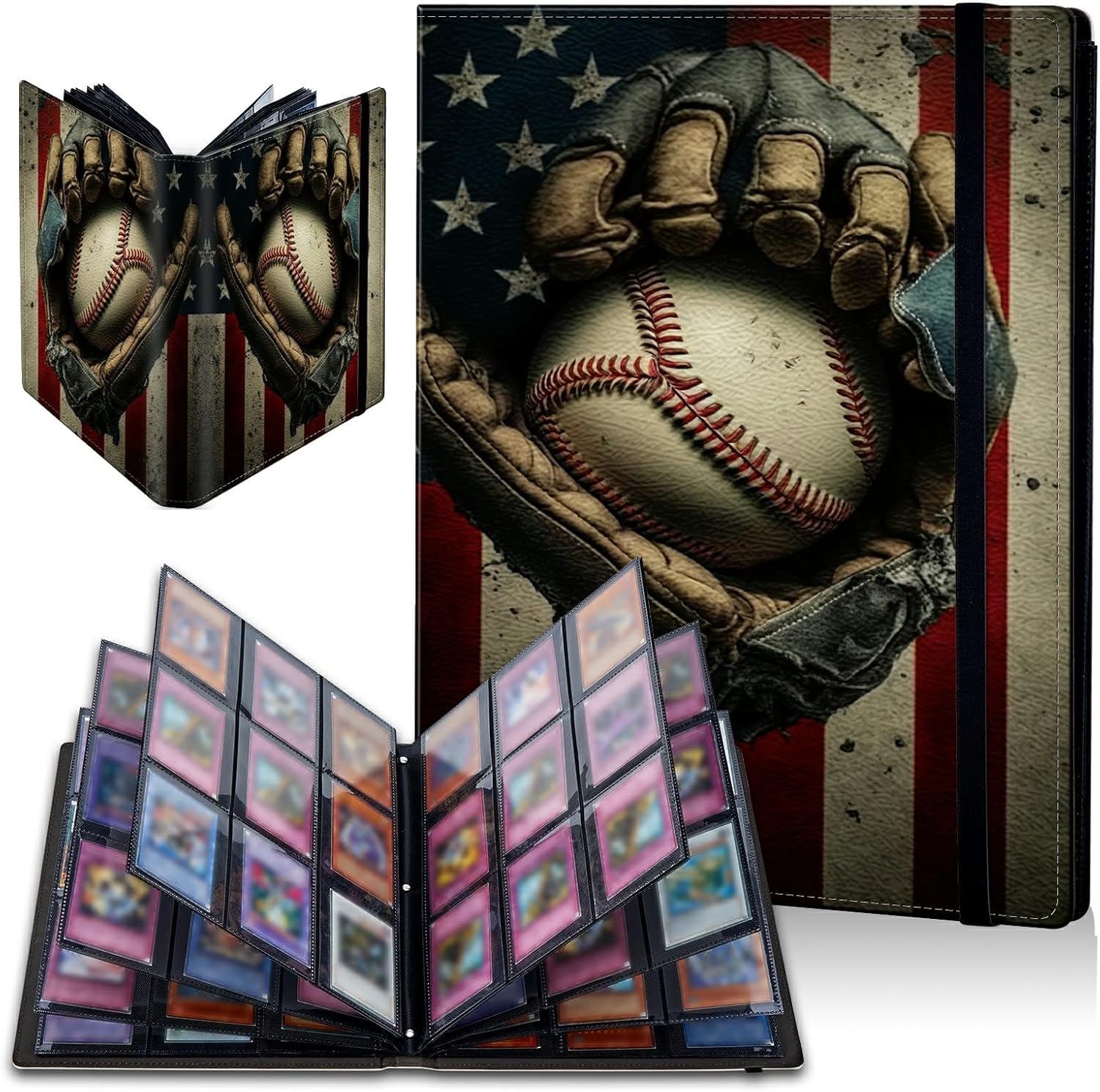 Carpeta de tarjetas de béisbol con bandera retro, 9 bolsillos para álbum de tarjetas intercambiables, carga lateral, 900 bolsillos, tarjetero de