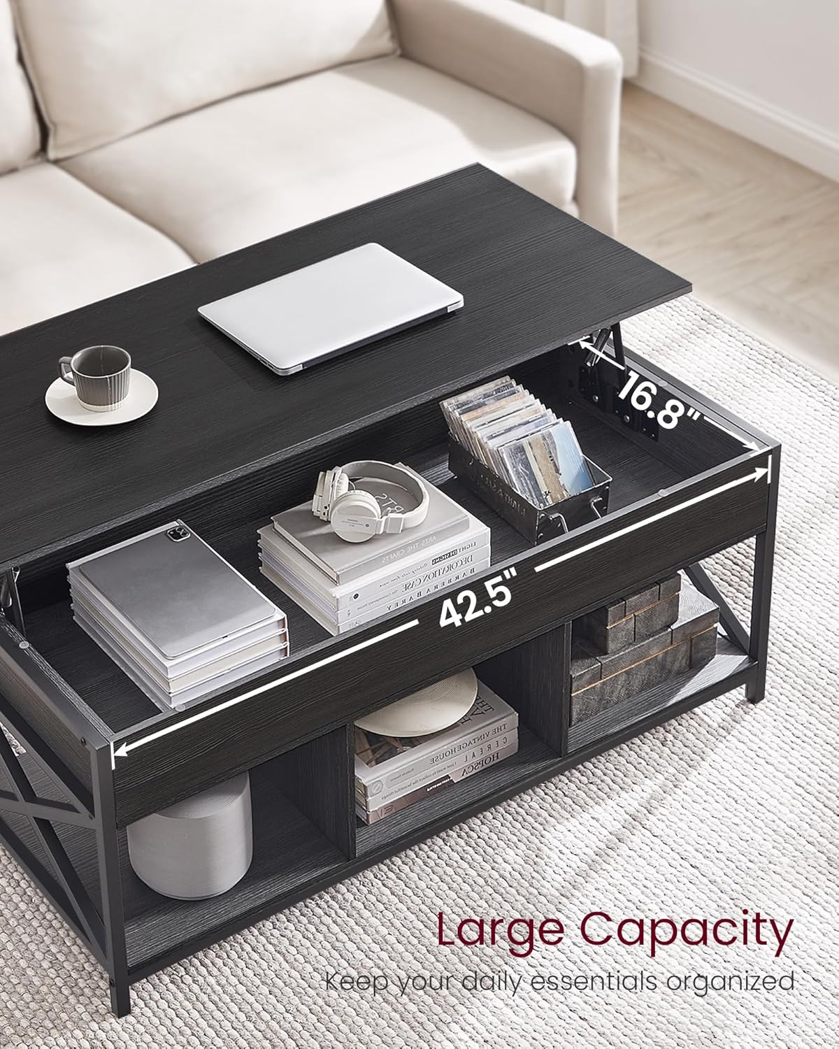 VASAGLE ULCT212B22 – Mesa auxiliar elevable con estante de almacenamiento, compartimentos ocultos y parte superior elevable, para sala de estar,