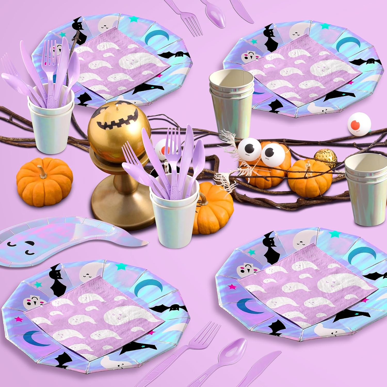 Jetec Juego de vajilla desechable de 69 piezas de Halloween, platos de papel redondos desechables con servilletas, vasos de papel, mantel, tenedor