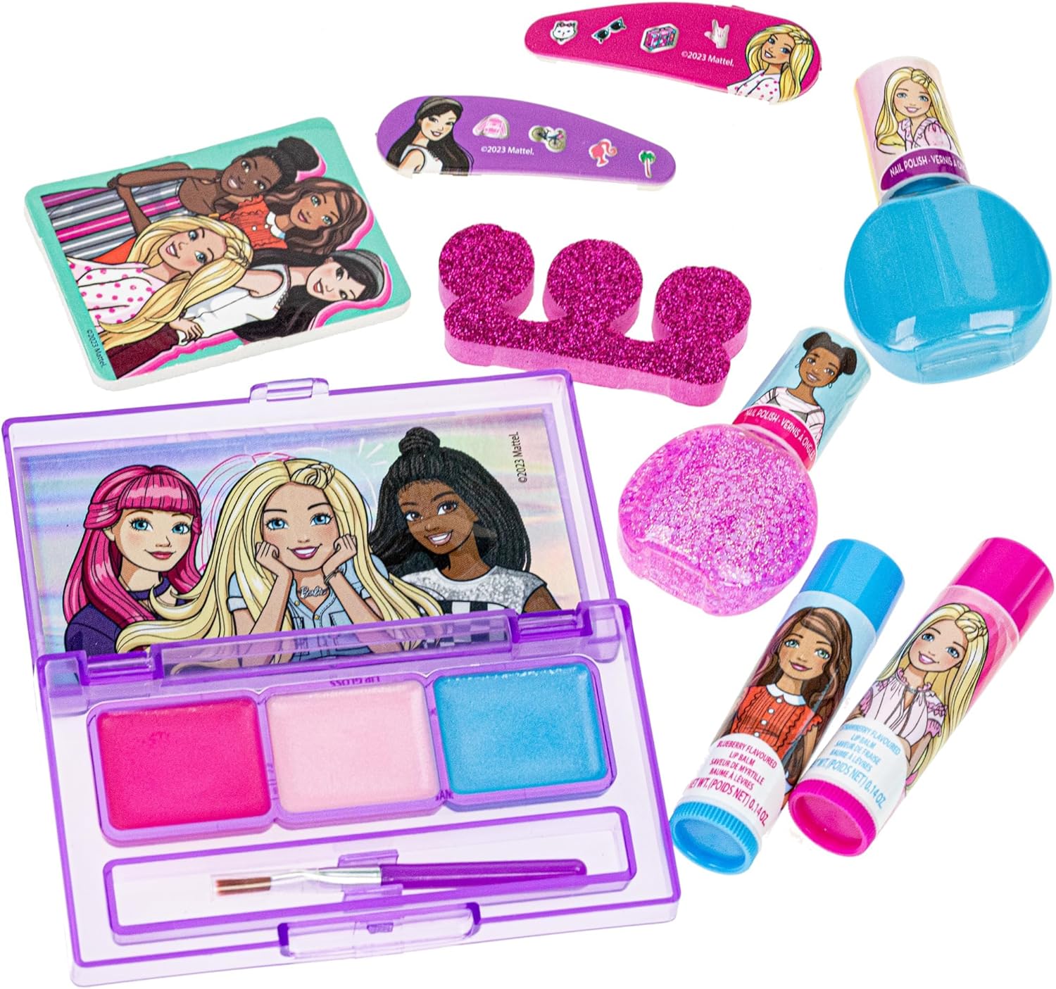 Barbie – Juego de mochila rellena de maquillaje Townley Girl con 12 piezas, incluye bálsamo labial, esmalte de uñas, lima de uñas, lazos para el