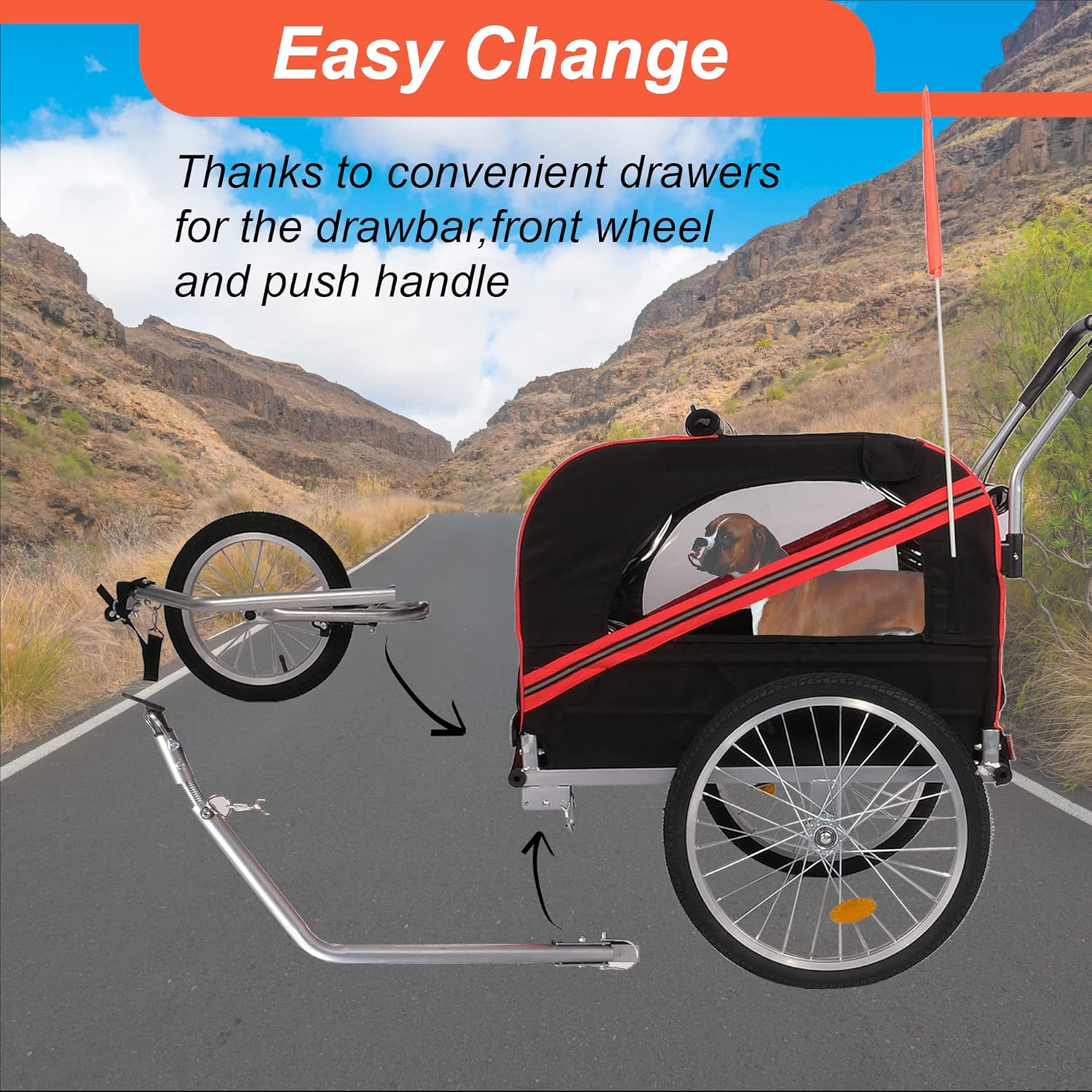 Carrito de remolque de bicicleta para perros, 2 en 1, para mascotas, para viajes, con reflectores, freno de estacionamiento, acoplador universal de