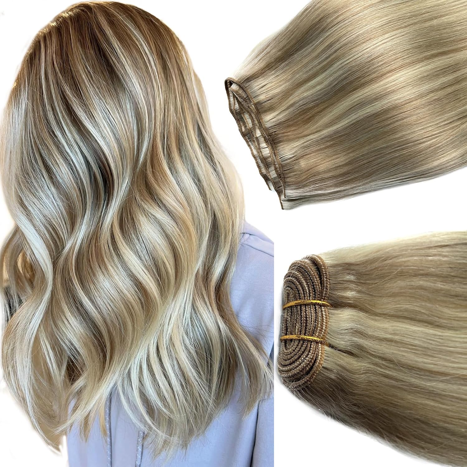Extensiones de cabello humano real, 20 pulgadas, 3.53 oz, extensiones de cabello humano con balayage rubio ceniza a rubio, atadas a mano,