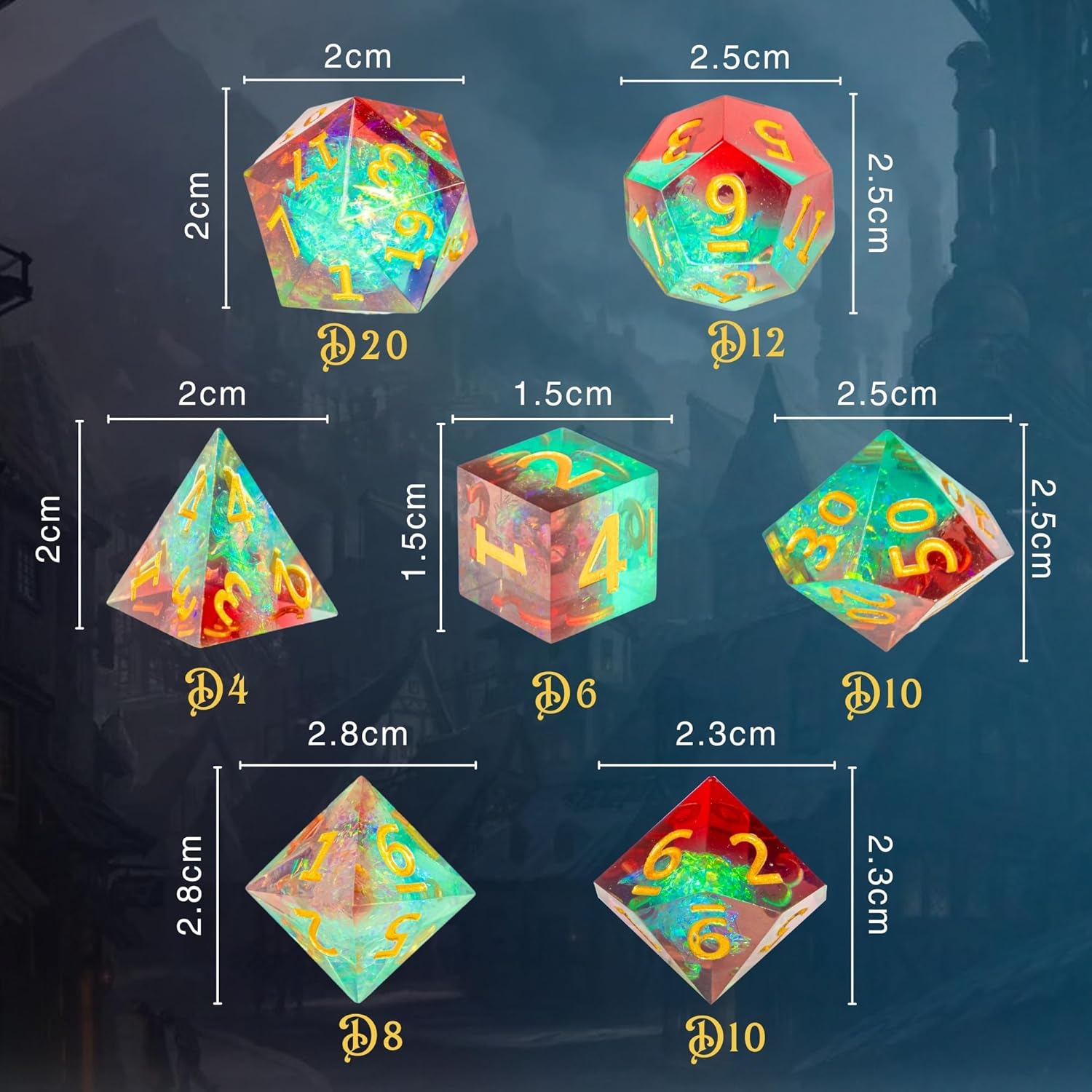 DND – Juego de 7 dados poliédricos de resina de borde afilado para Calabozos y Dragones con bolsa de dados, bandeja de dados y calcomanías (Primal