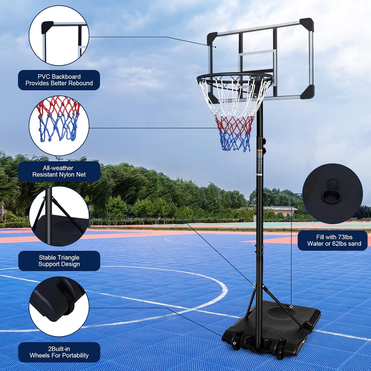 Rakon Soporte de baloncesto portátil de altura ajustable de 5.6-7 pies7.5-9.2 pies  2832 pulgadas Sistema de tablero de baloncesto