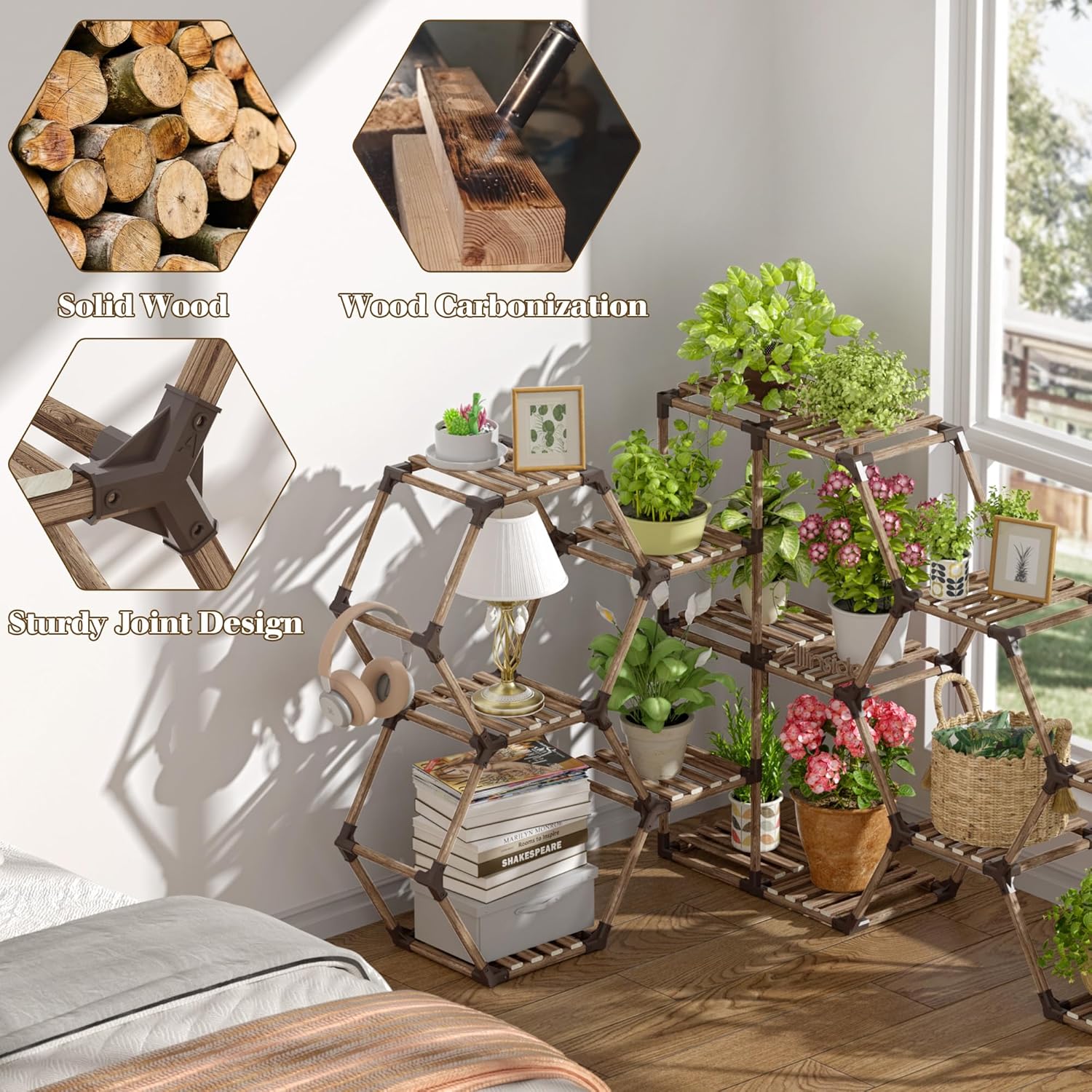 Allinside Soporte de esquina para plantas de interior, estante de esquina de 12 niveles para exteriores, soporte de madera para múltiples plantas,