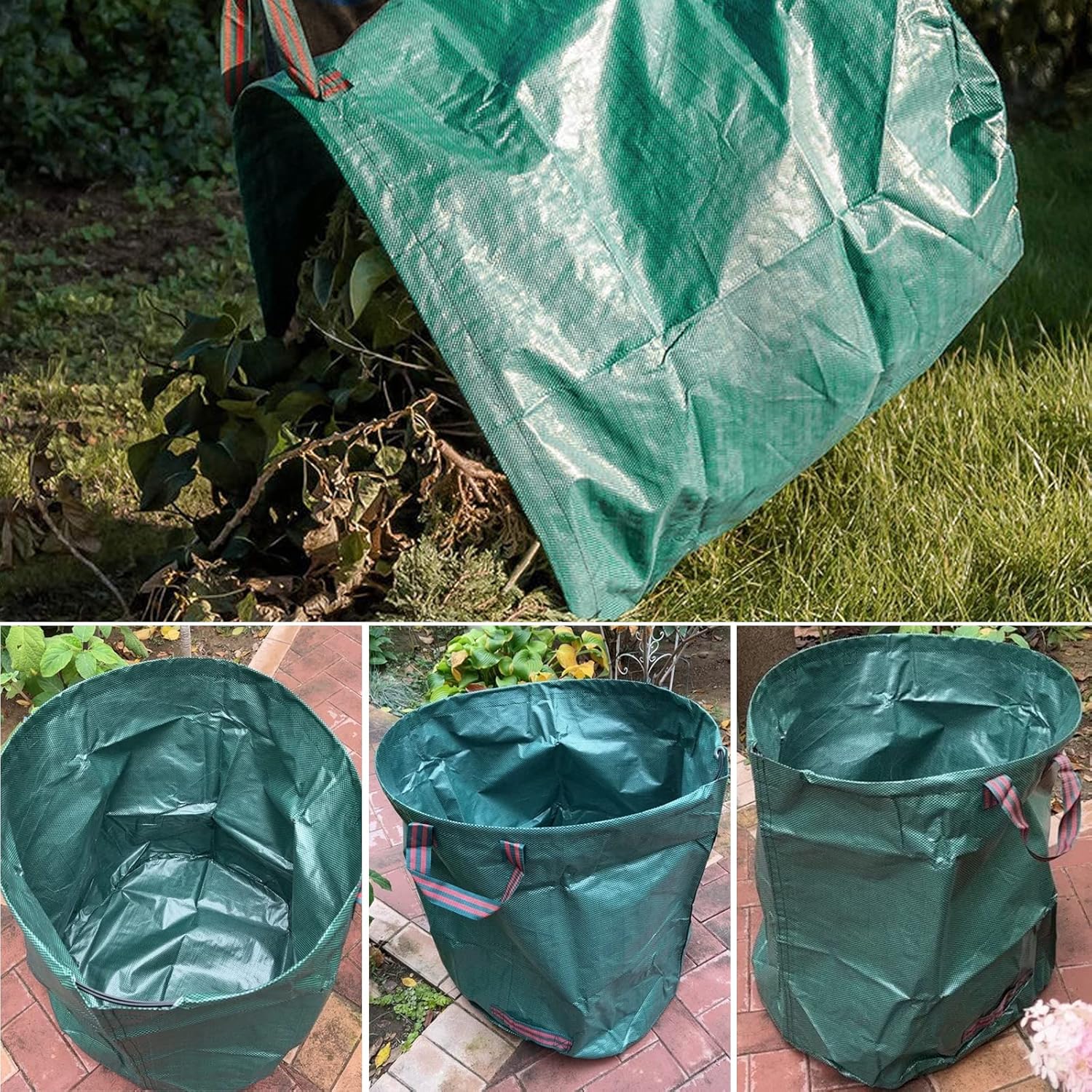 IWNTWY Paquete de 2 bolsas de 32 galones, bolsas de basura reutilizables para patio, bolsas de césped plegables resistentes con 4 asas, bolsa de