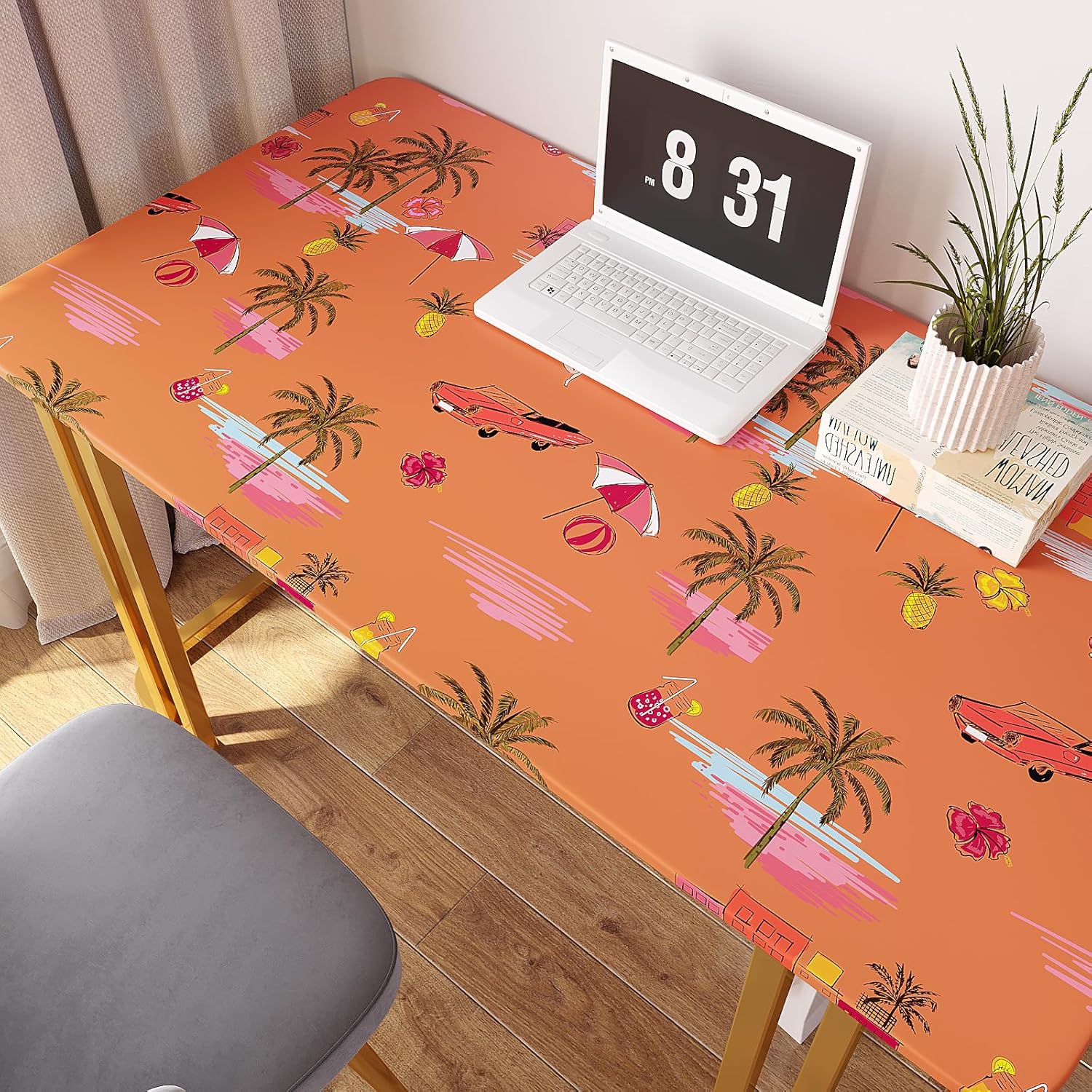 VEELIKE Papel tapiz dibujado a mano, diseño de isla y playa, despegar y pegar, color naranja, paisaje, palmeras, papel tapiz autoadhesivo de 17.7 x