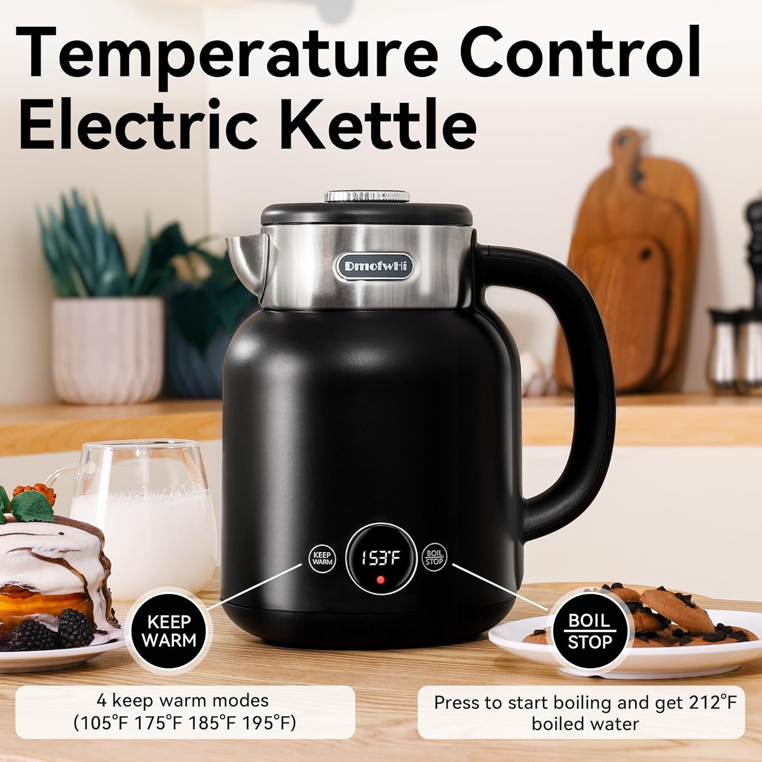 DmofwHi Hervidor eléctrico de 5 presets con control de temperatura con pantalla LED, hervidor de agua caliente eléctrico de acero inoxidable 304,